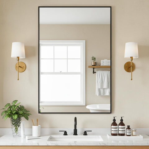 FICTOR front view of 24x36 black framed mirror showing sleek modern design and clean reflection