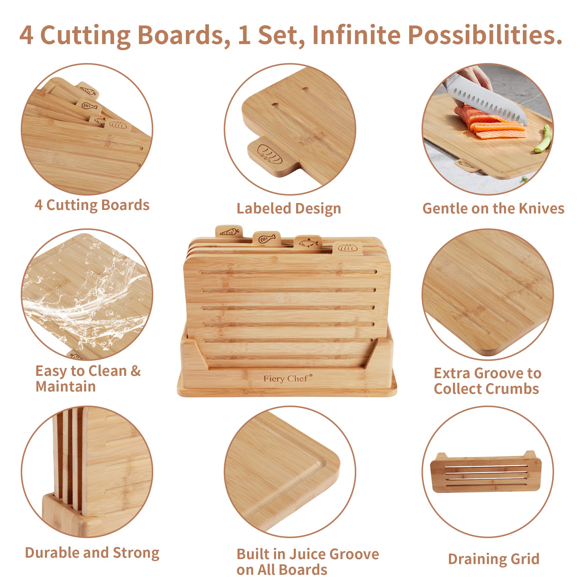 Fiery Chef boards stored upright in holder for space-saving drying and access