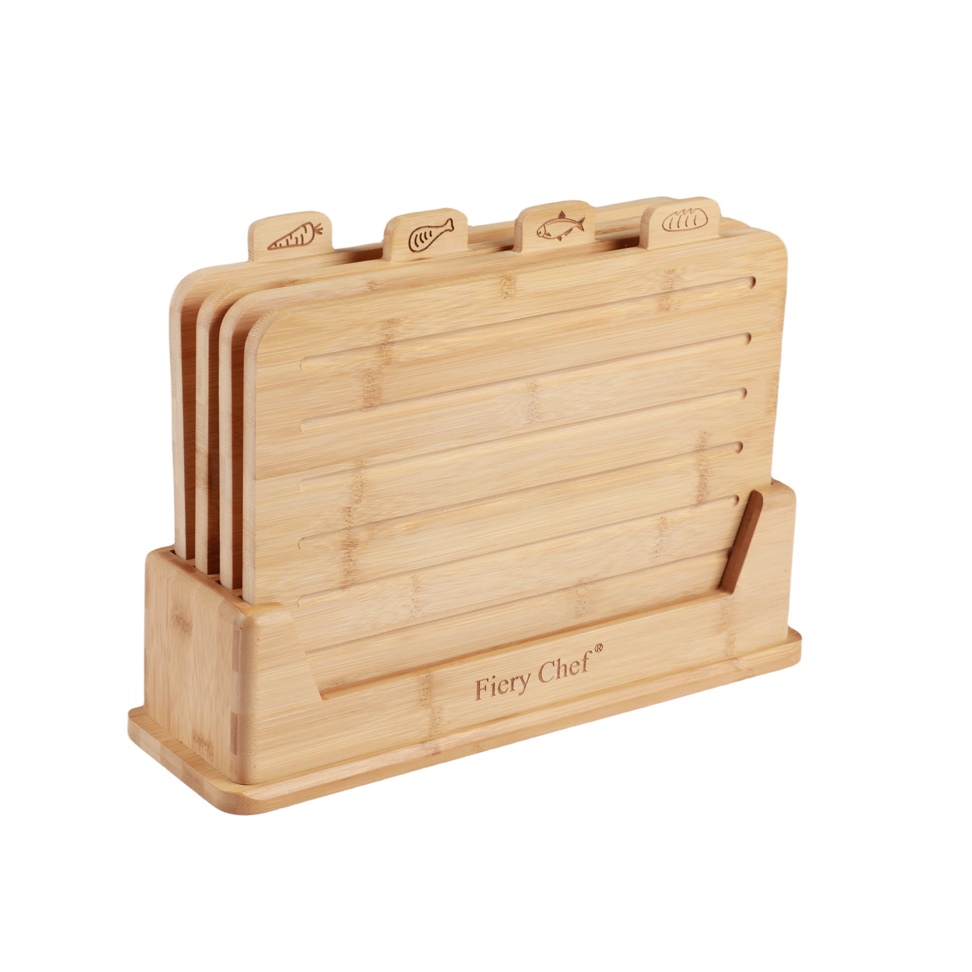 Fiery Chef front view showing all four labeled boards and stand for organized prep