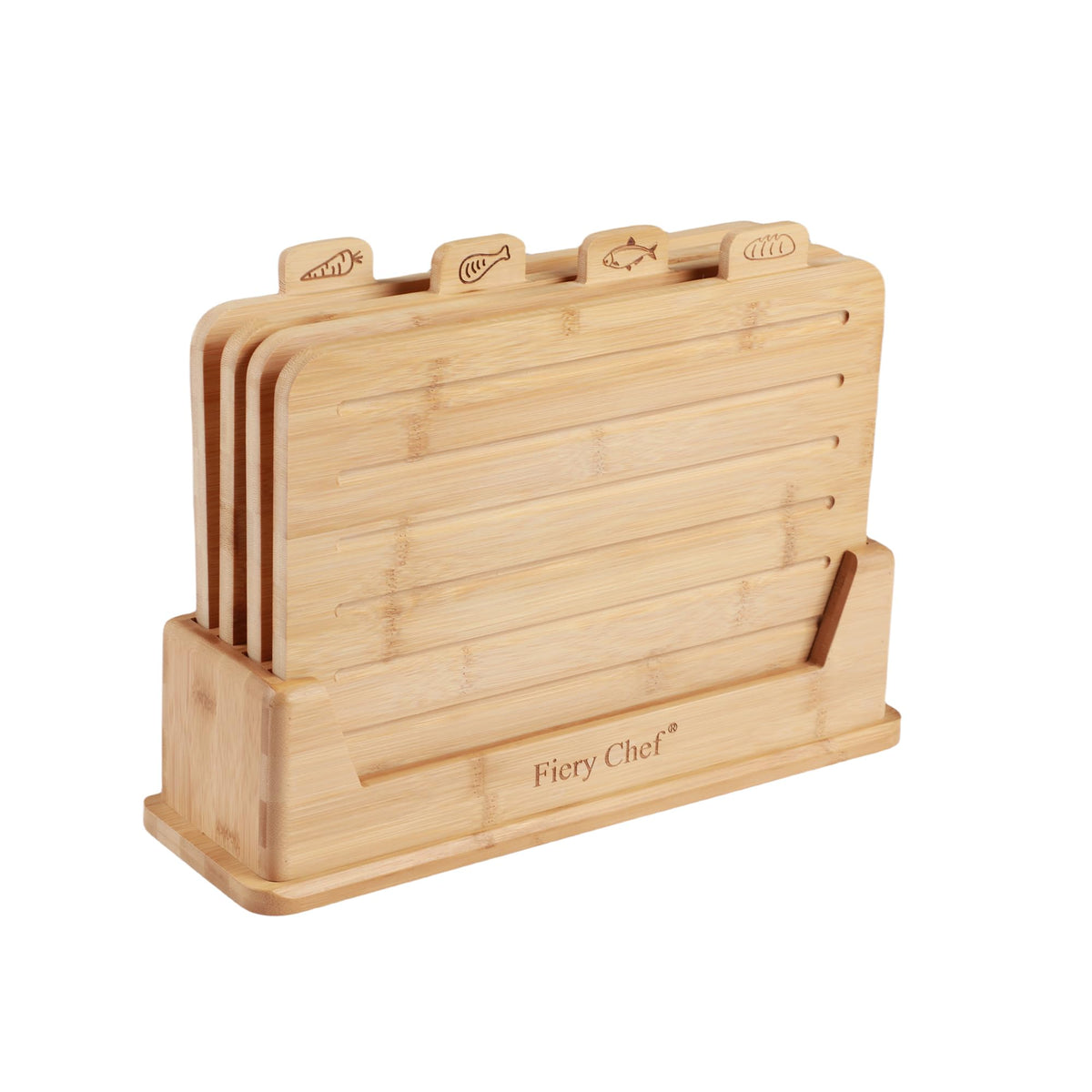 Fiery Chef front view showing all four labeled boards and stand for organized prep