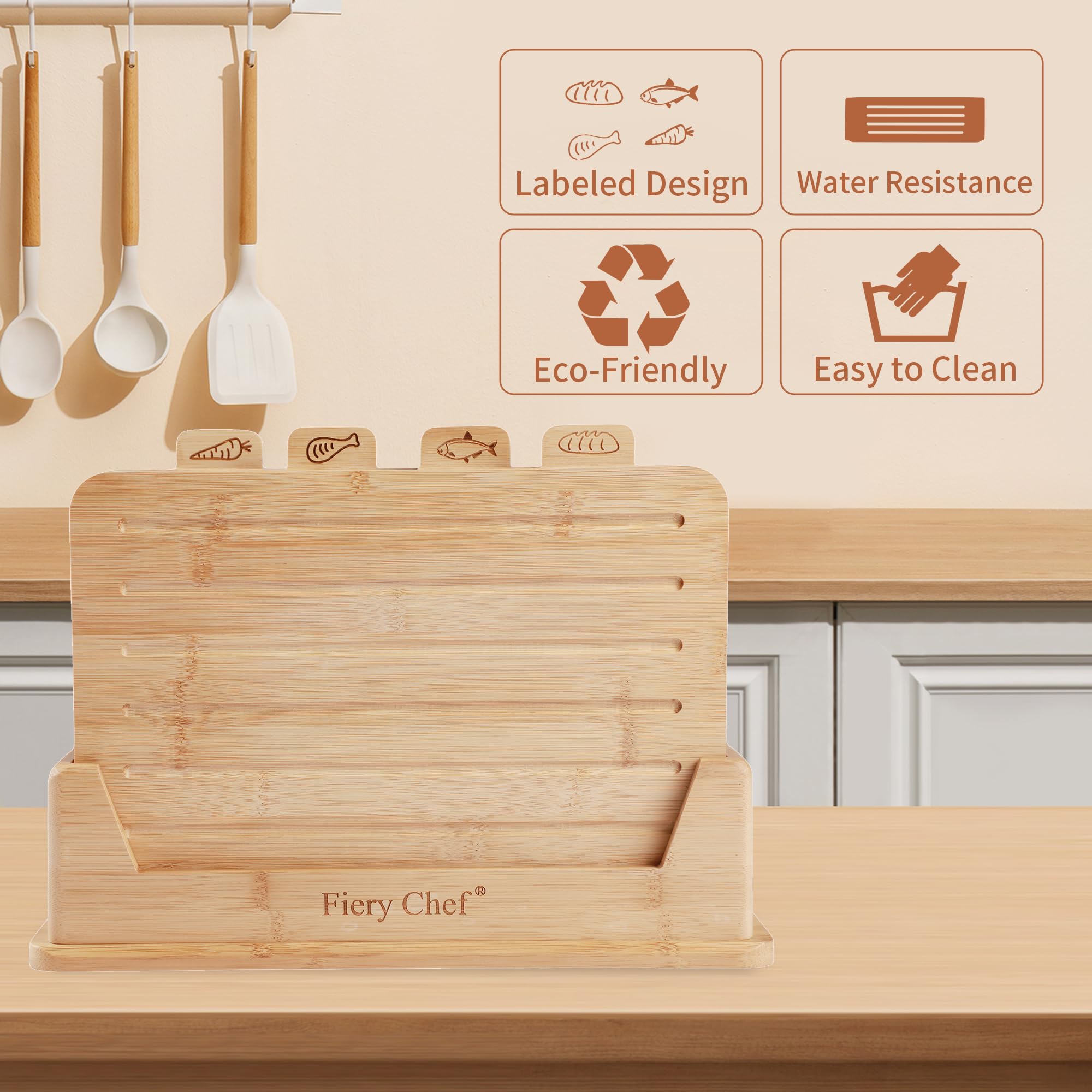 Fiery Chef board beside kitchen knife to show generous 14.56" x 11" work area