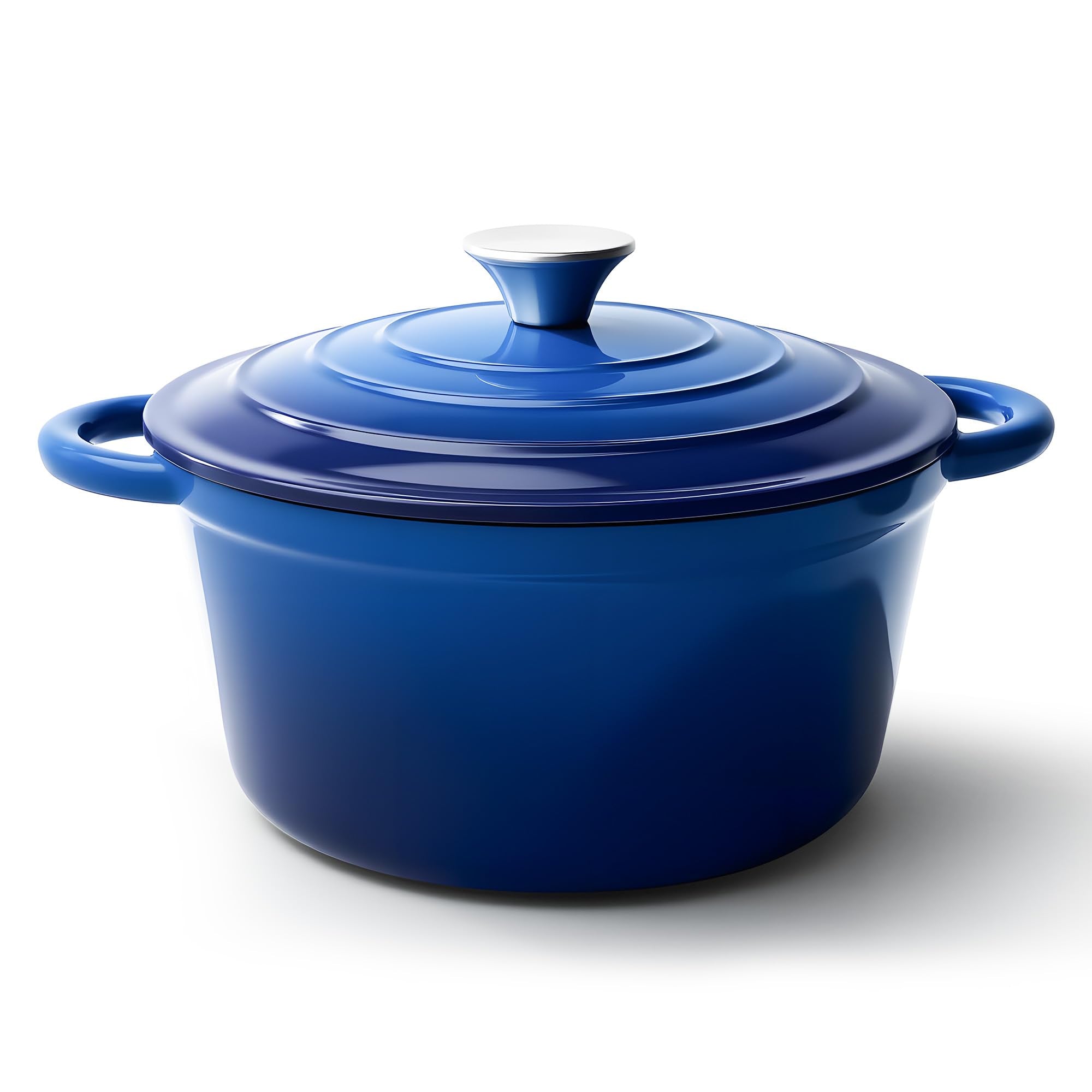 Fijinhom Dutch oven front view showing blue enamel and sturdy handles for reliable cooking
