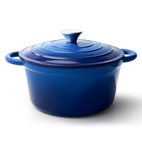 Fijinhom Dutch oven front view showing blue enamel and sturdy handles for reliable cooking