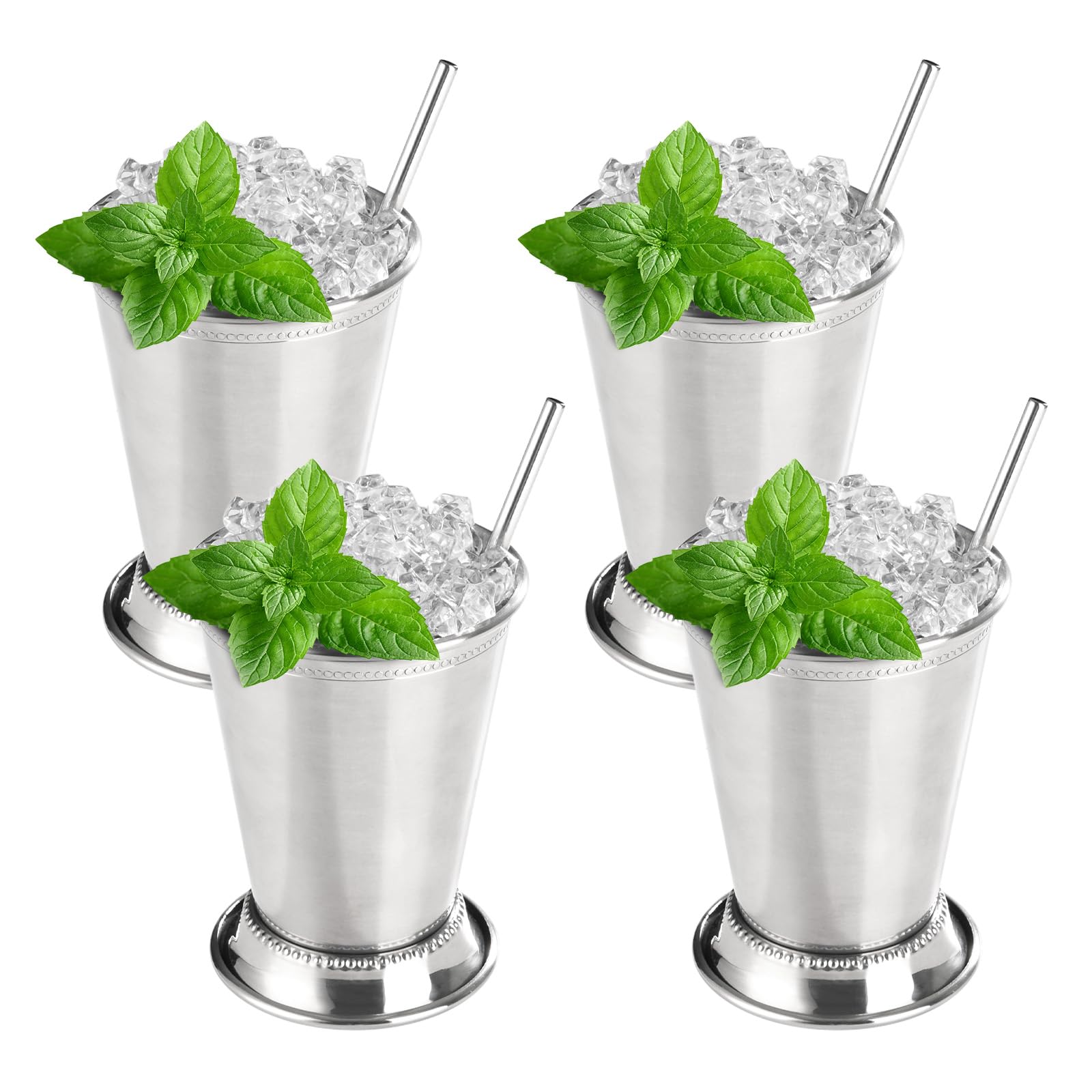 Fijinhom front view of four beaded mint julep cups showing elegant finish and durability