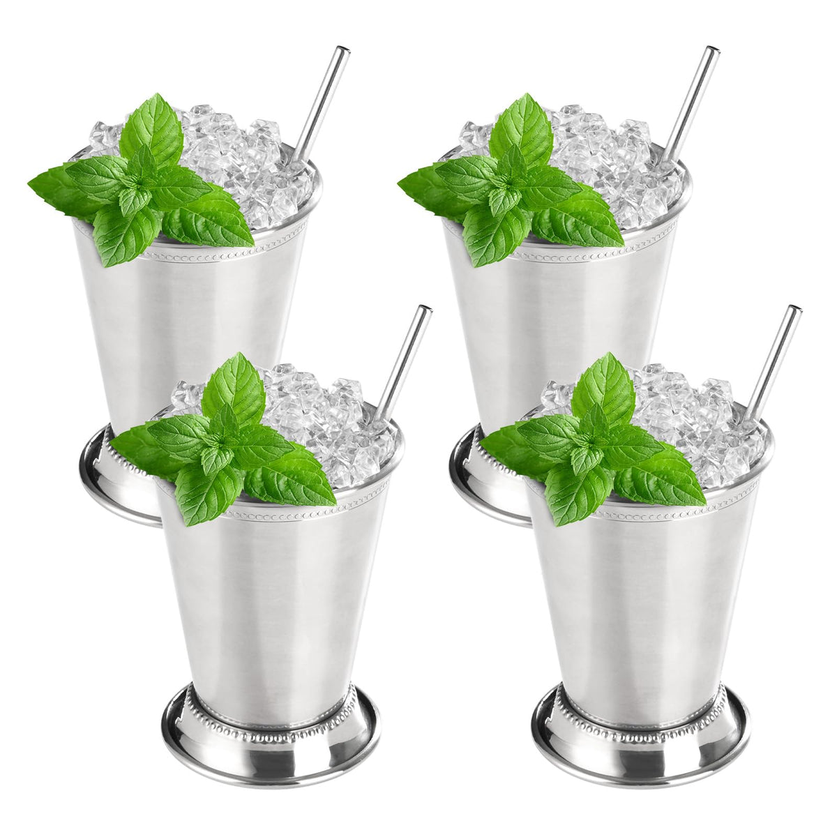 Fijinhom front view of four beaded mint julep cups showing elegant finish and durability