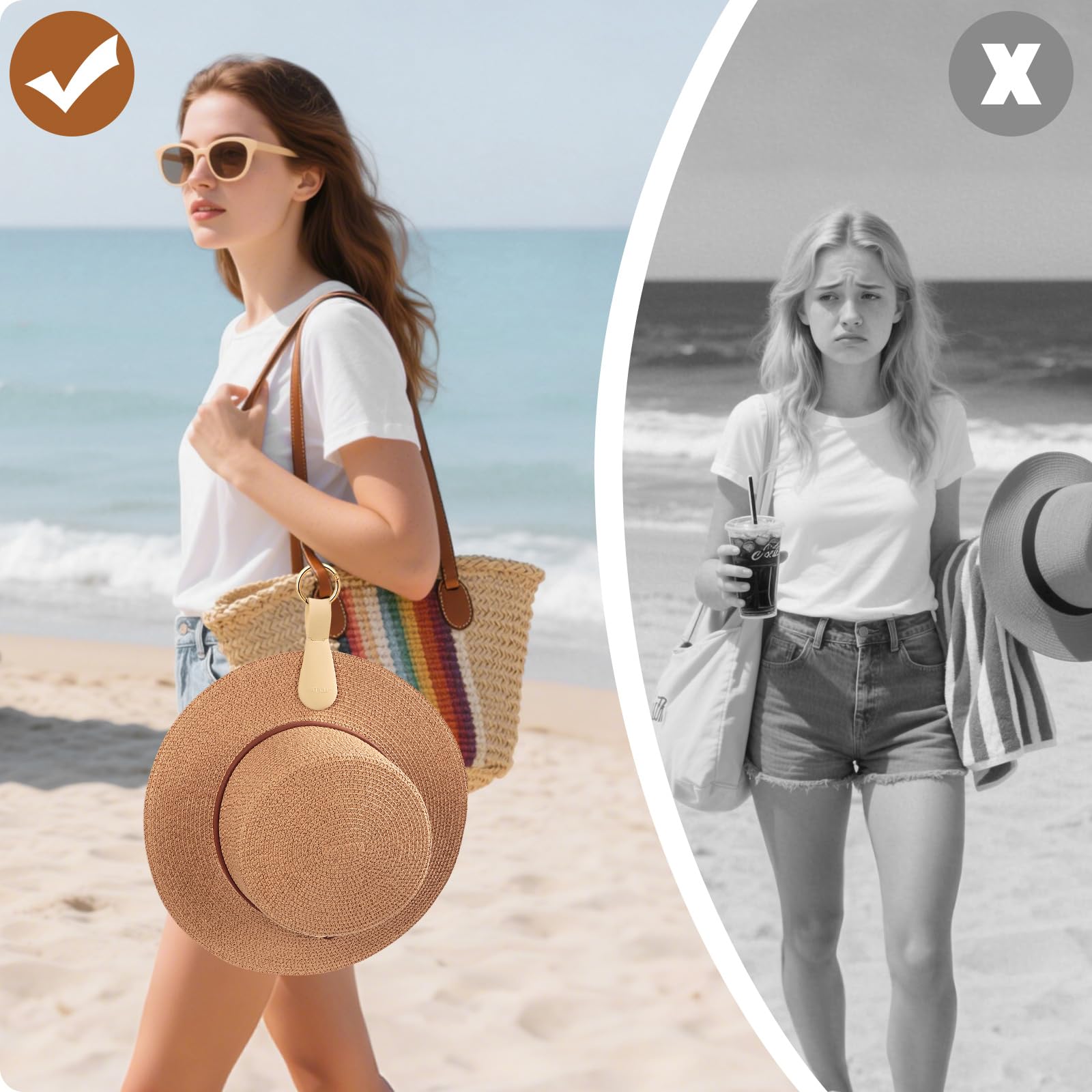 Fikoksol holding wide brim straw hat preventing creases and loss