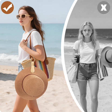 Fikoksol holding wide brim straw hat preventing creases and loss