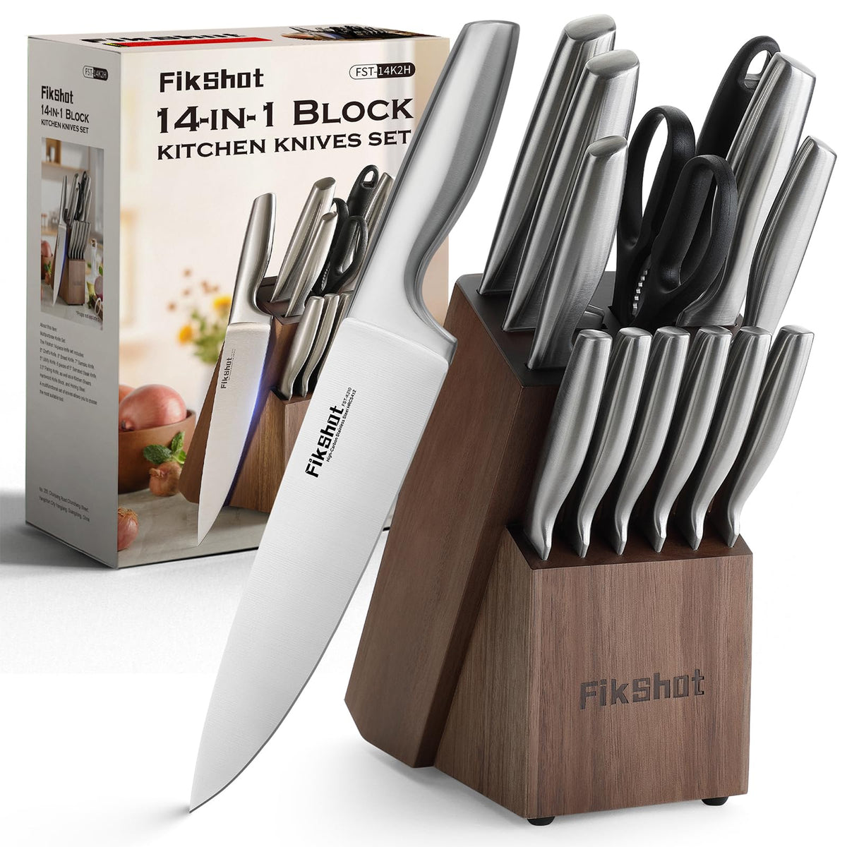FikShot front view of full 14-piece knife block set, organized and ready