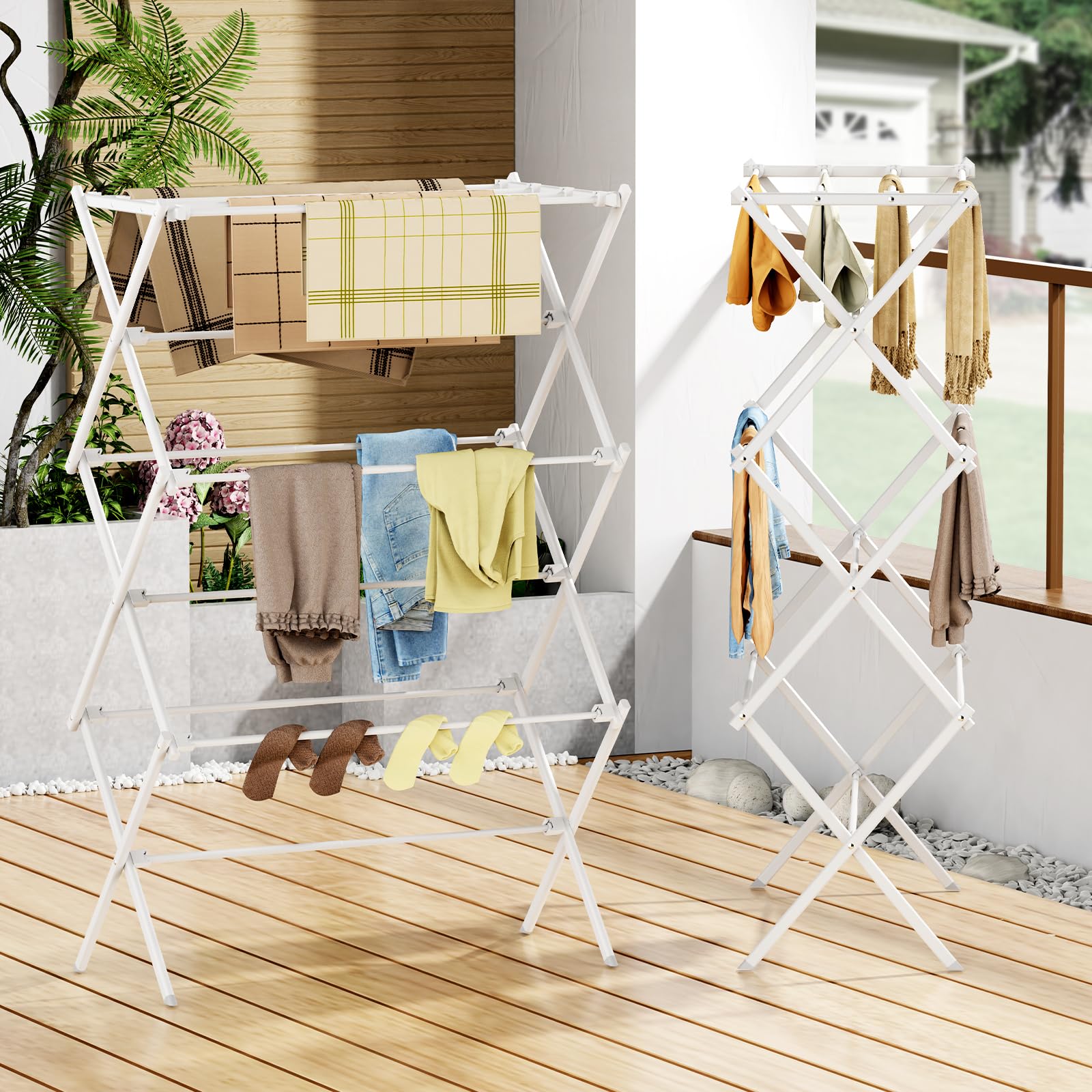 FILROUG in-use image with shirts and towels drying across three tiers for air-drying convenience