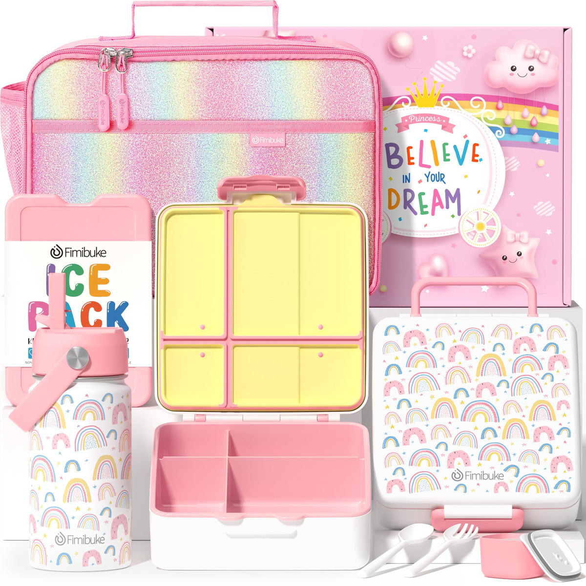 Fimibuke front packaging showing full kids lunch set and organized gift box benefit
