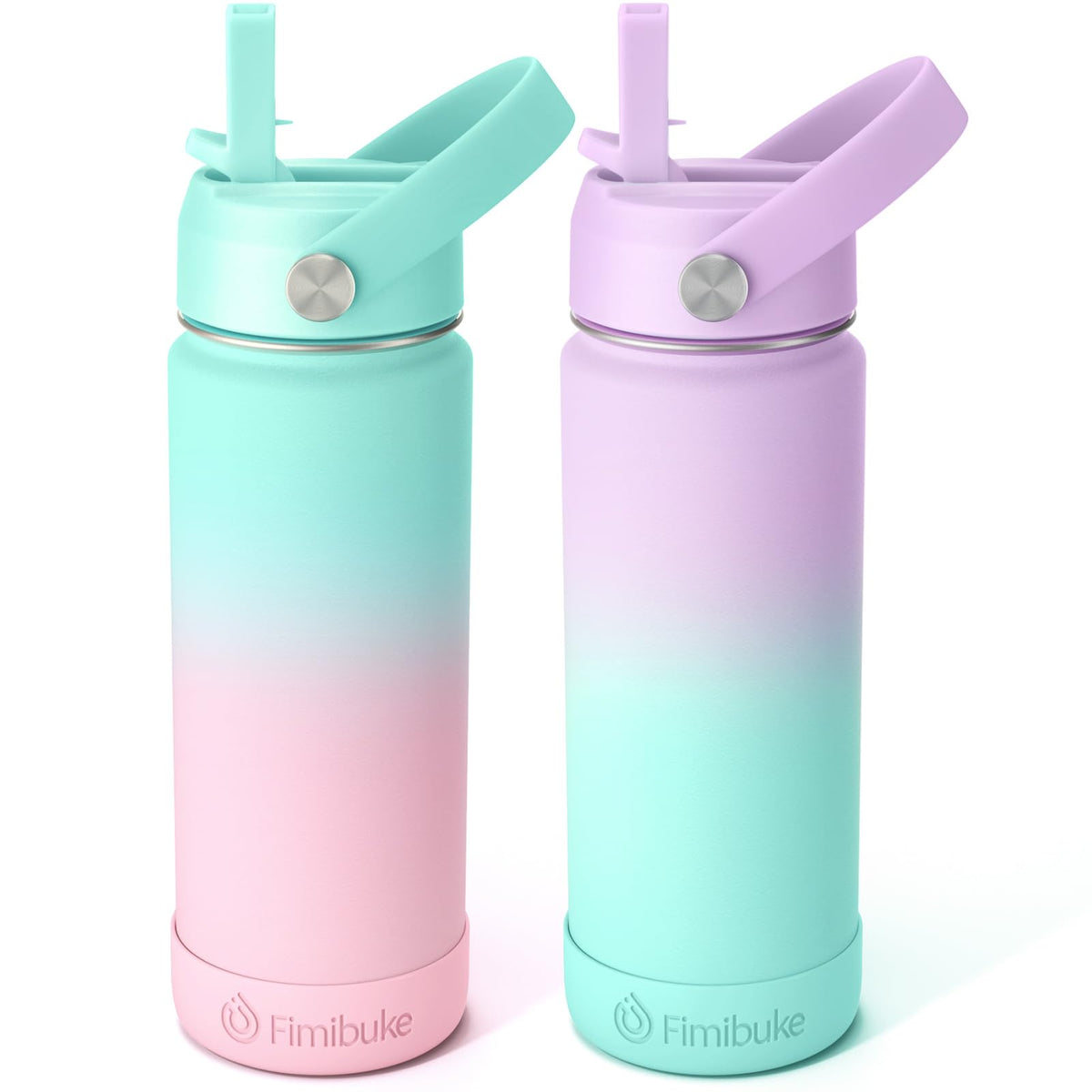 Fimibuke front view of Candy and Bubble bottles showing colorful patterns and portability