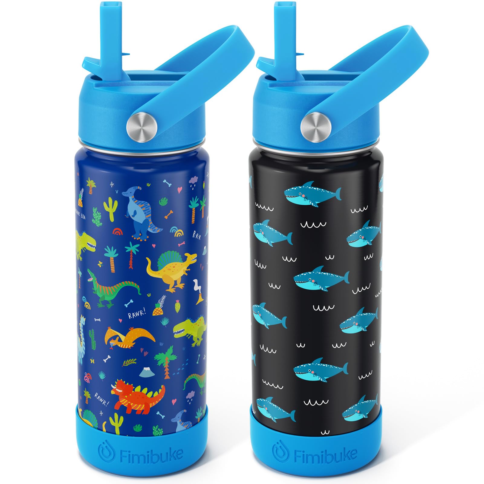 Fimibuke front view of two 18oz bottles shows fun designs and portability