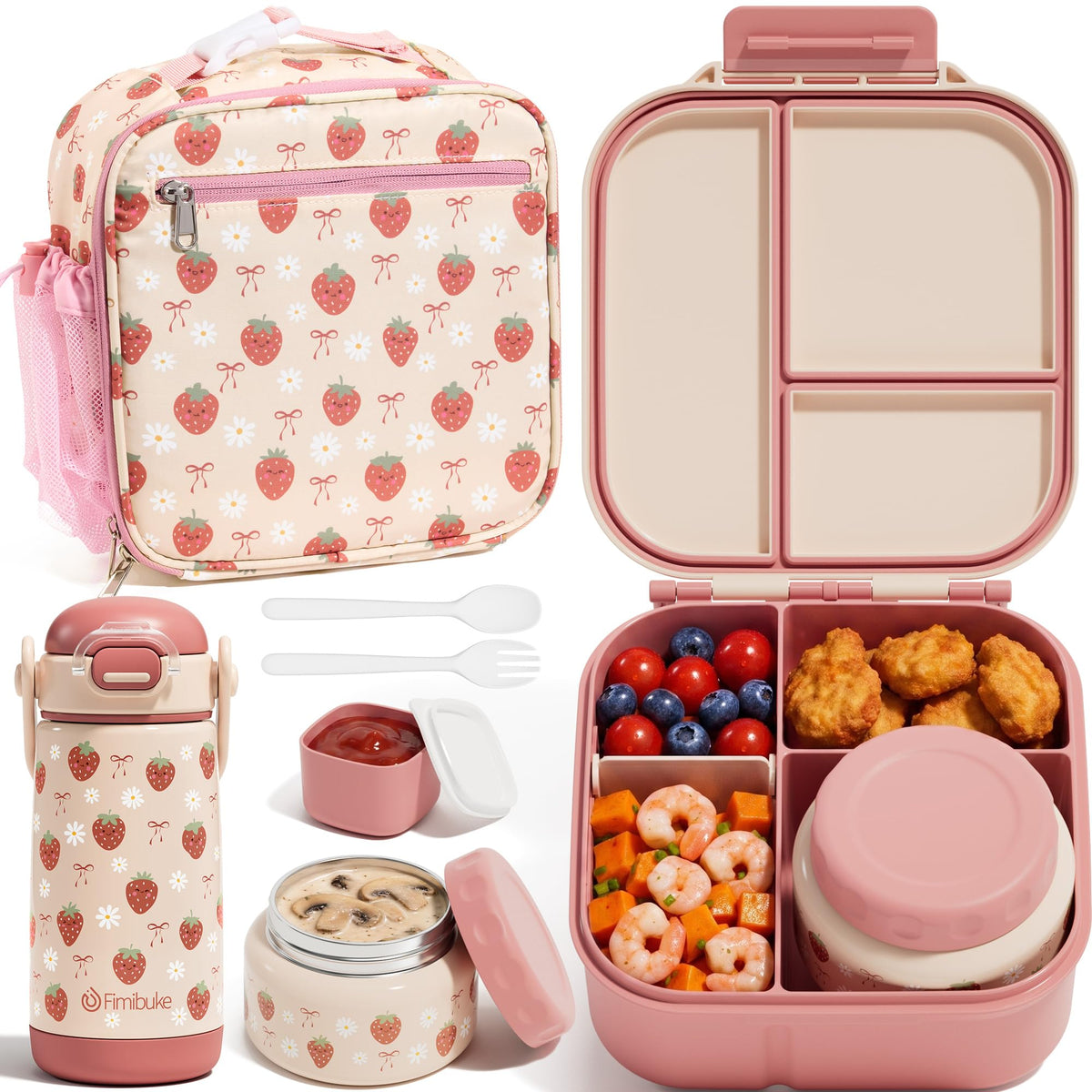 Fimibuke full lunch set front view showing bottle, bento box and bag for organized meals