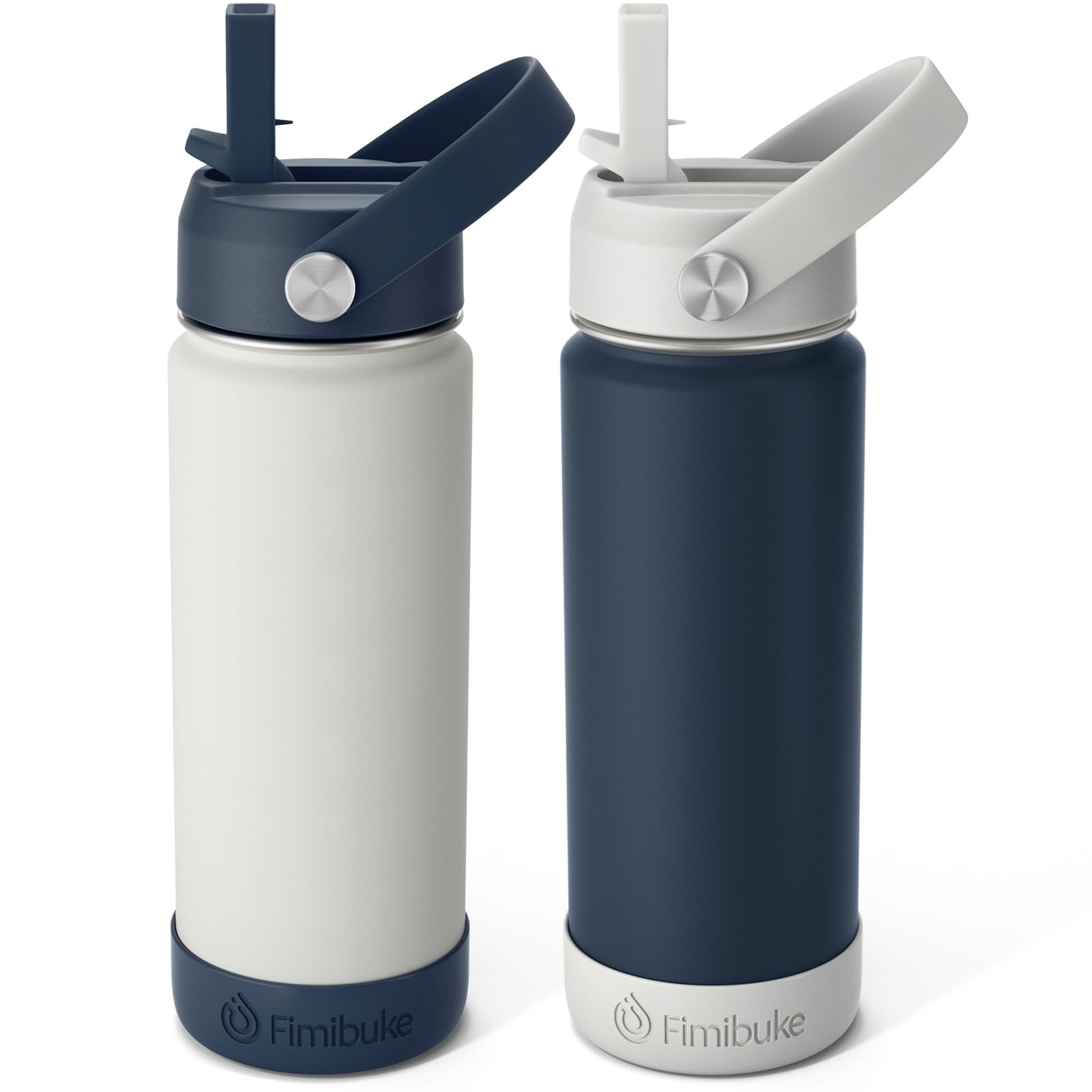 Fimibuke front packaging showing two colorful insulated bottles and included lids for easy identification