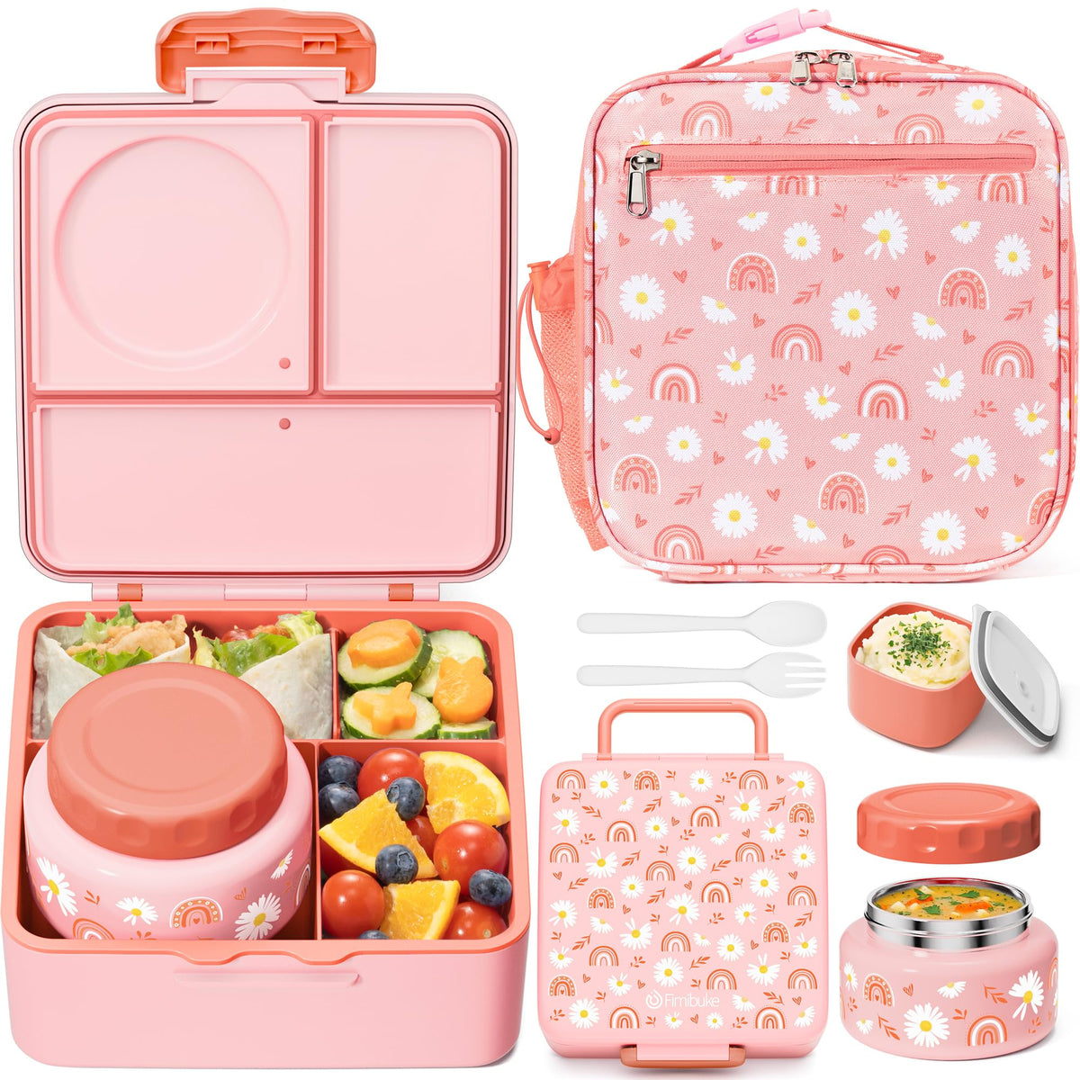 Fimibuke front-packed lunch box showing organized compartments and spill protection