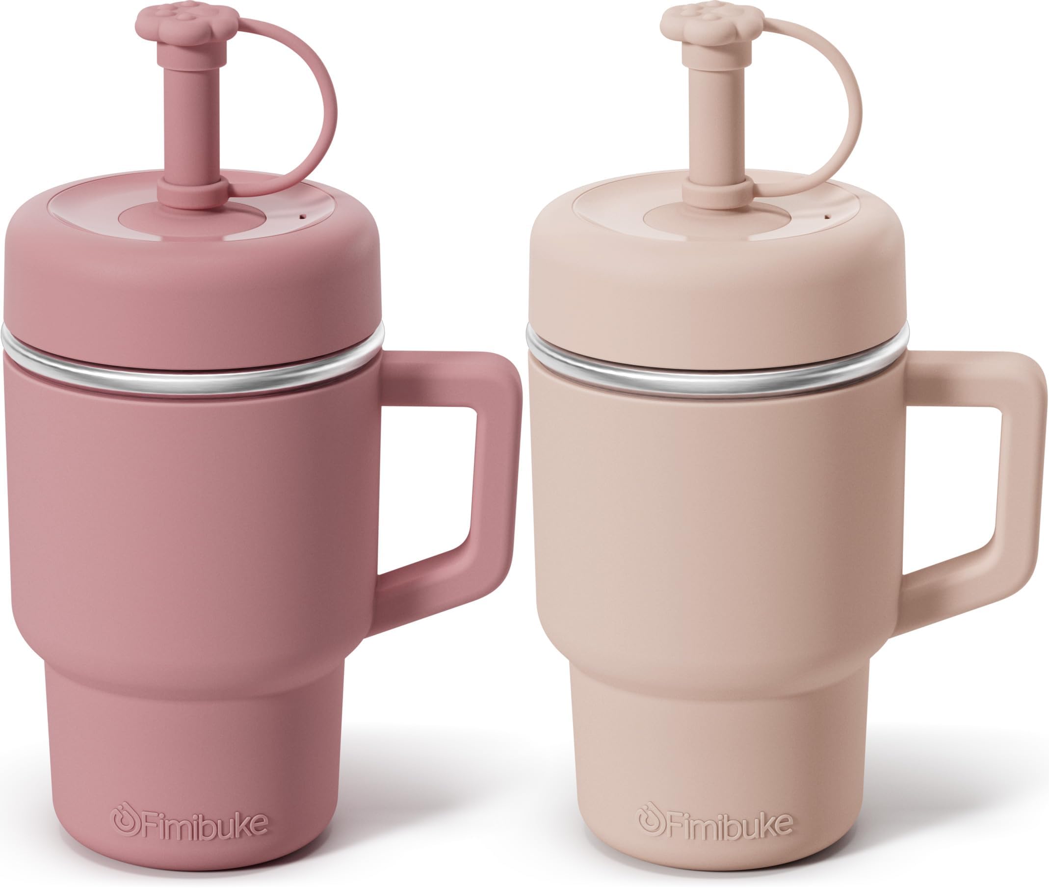 Fimibuke front view of 15 oz toddler tumbler showing lid and handle for easy carrying