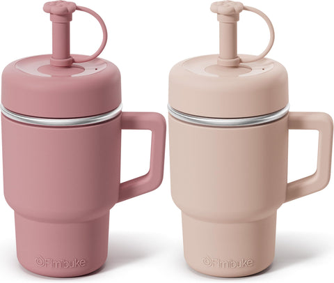 Fimibuke front view of 15 oz toddler tumbler showing lid and handle for easy carrying