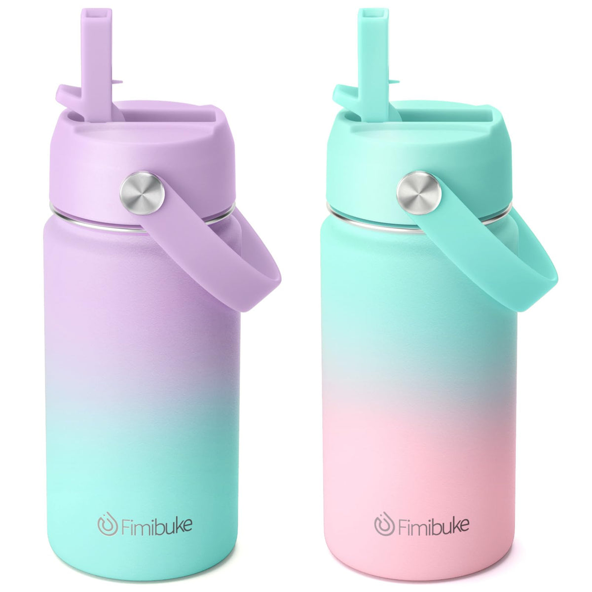 Fimibuke front view of two colorful bottles showing patterns and portability benefit