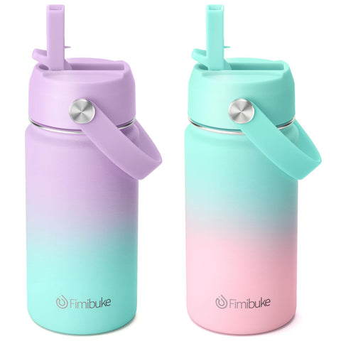 Fimibuke front view of two colorful bottles showing patterns and portability benefit