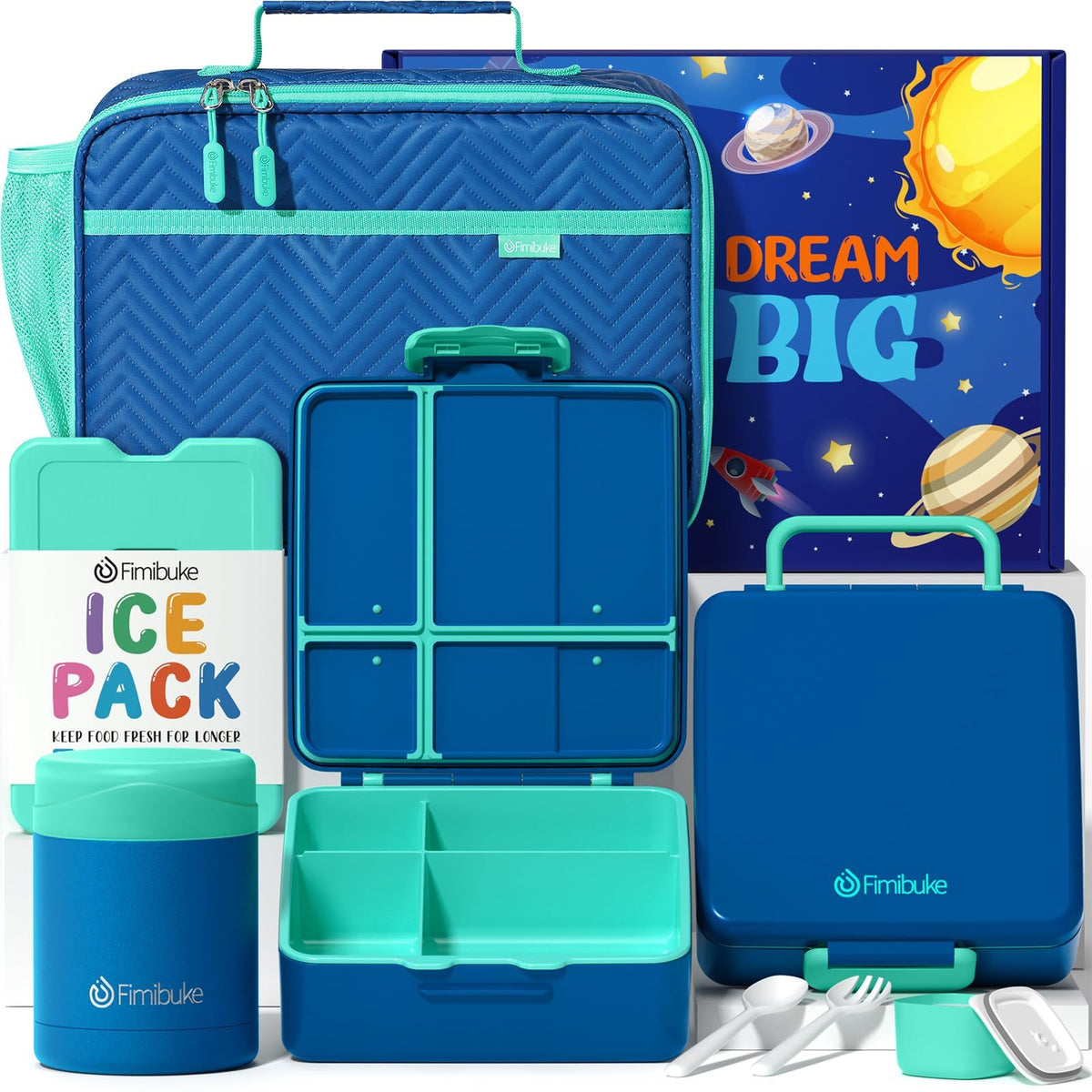 Fimibuke front view of full 7-piece lunch set showing bag and components and convenience