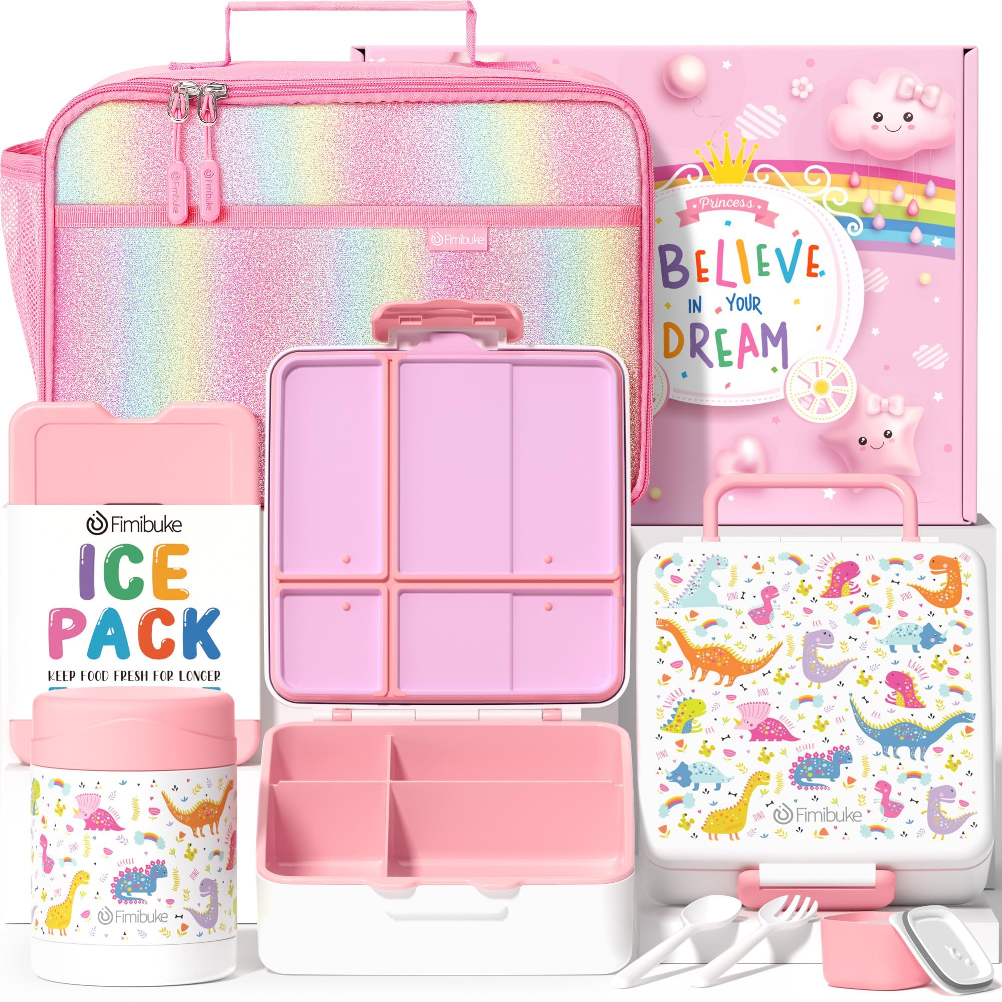 Fimibuke front view of full seven-piece set showing organized meal components
