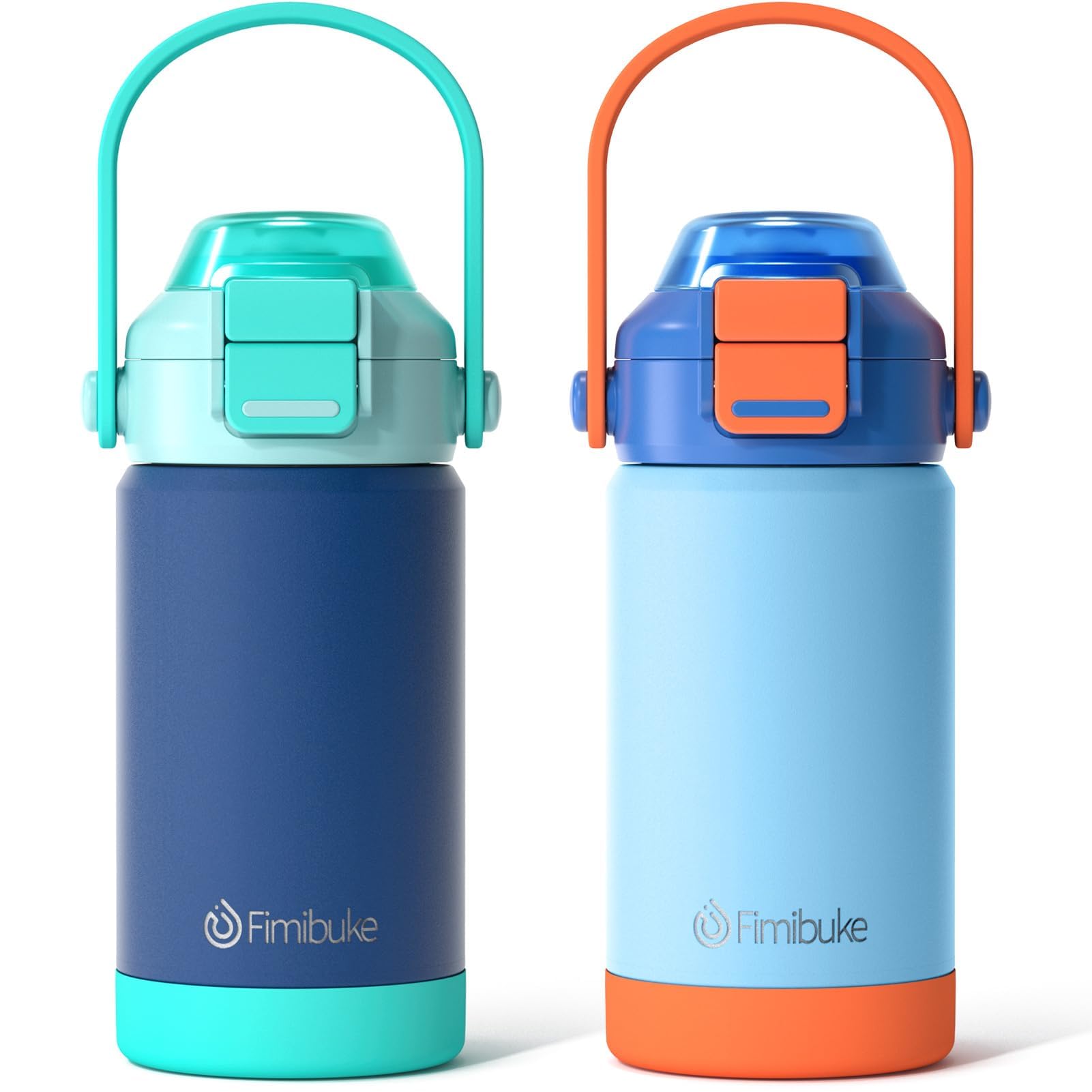 Fimibuke front view of colorful 14oz insulated bottle showing brand and compact design benefit