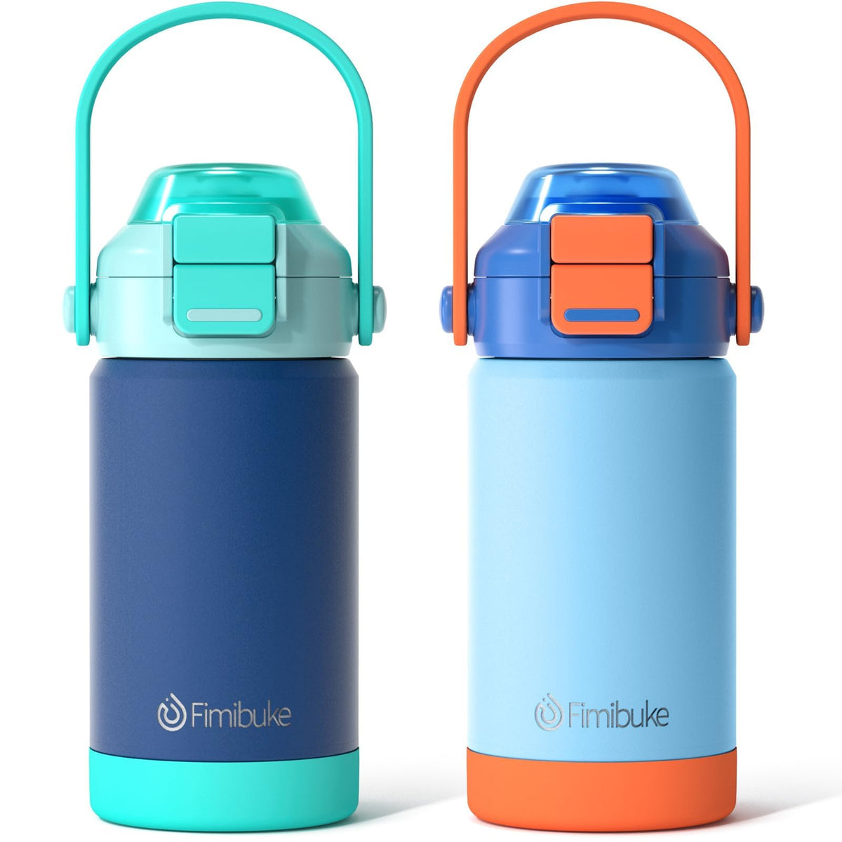 Fimibuke front view of colorful 14oz insulated bottle showing brand and compact design benefit