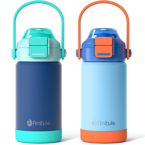 Fimibuke front view of colorful 14oz insulated bottle showing brand and compact design benefit