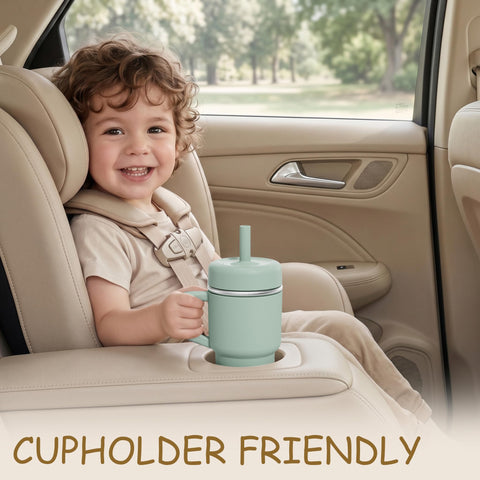 Fimibuke cup secured in stroller illustrating leakproof travel benefit