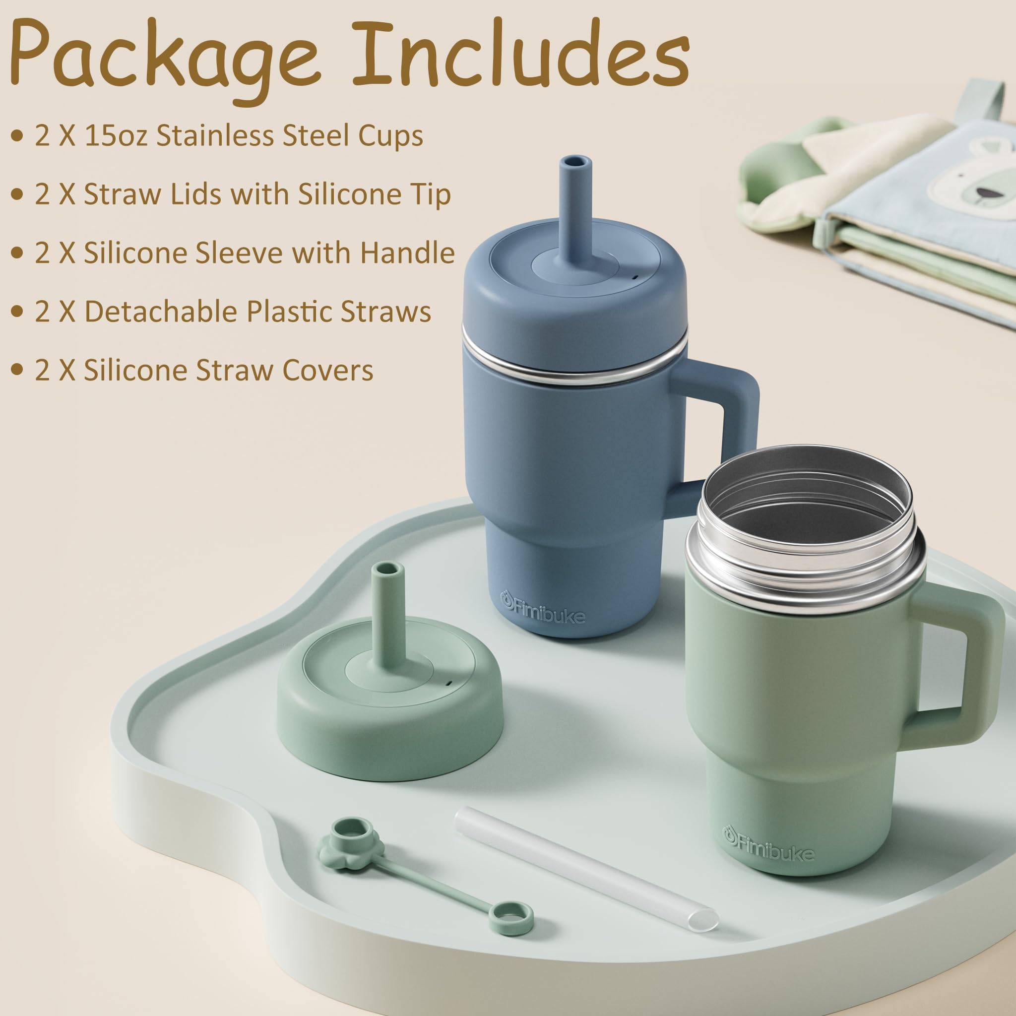Fimibuke tumbler on counter highlighting durable stainless steel benefit