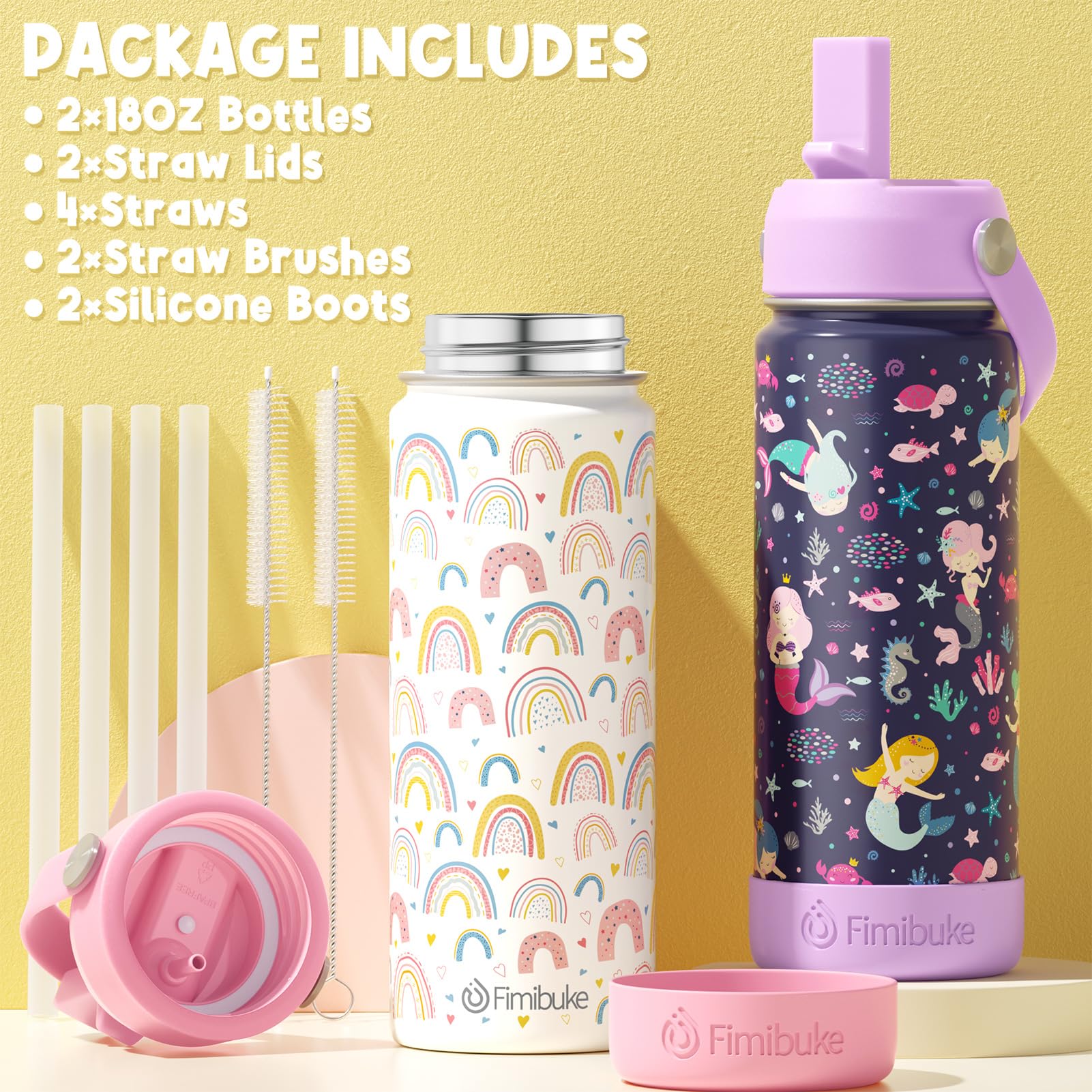 Fimibuke bottle beside backpack illustrating compact 18oz size and portability