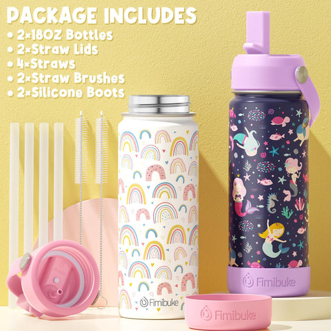 Fimibuke bottle beside backpack illustrating compact 18oz size and portability