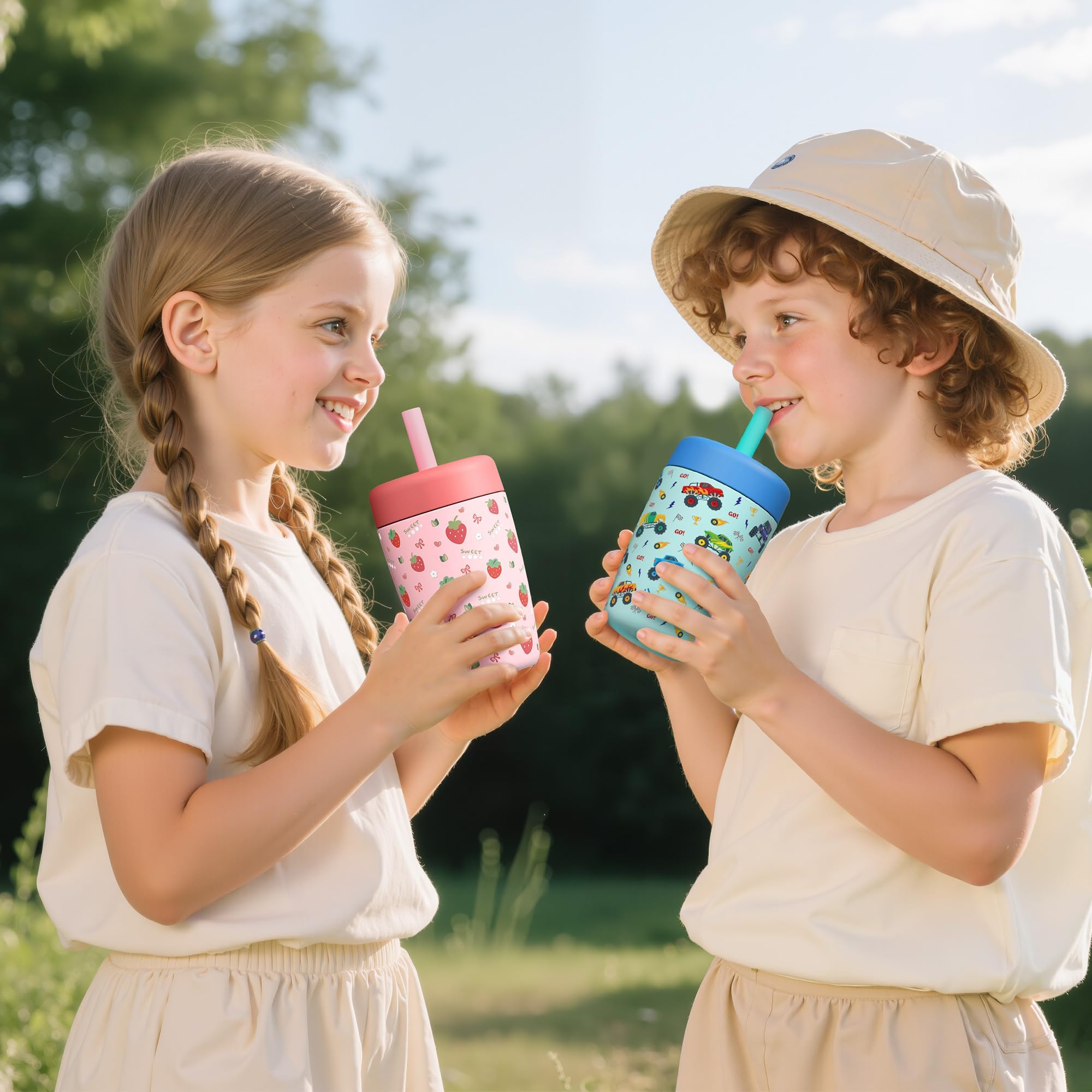 Fimibuke cup next to toy showing 12 oz size and kid-friendly scale