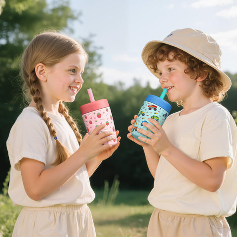 Fimibuke cup next to toy showing 12 oz size and kid-friendly scale