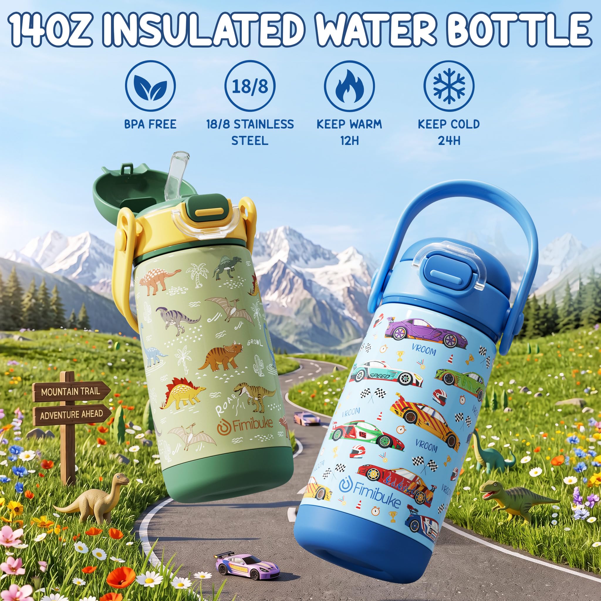 Fimibuke 14oz water bottle with foldable straw lid demonstrating spill-proof drinking