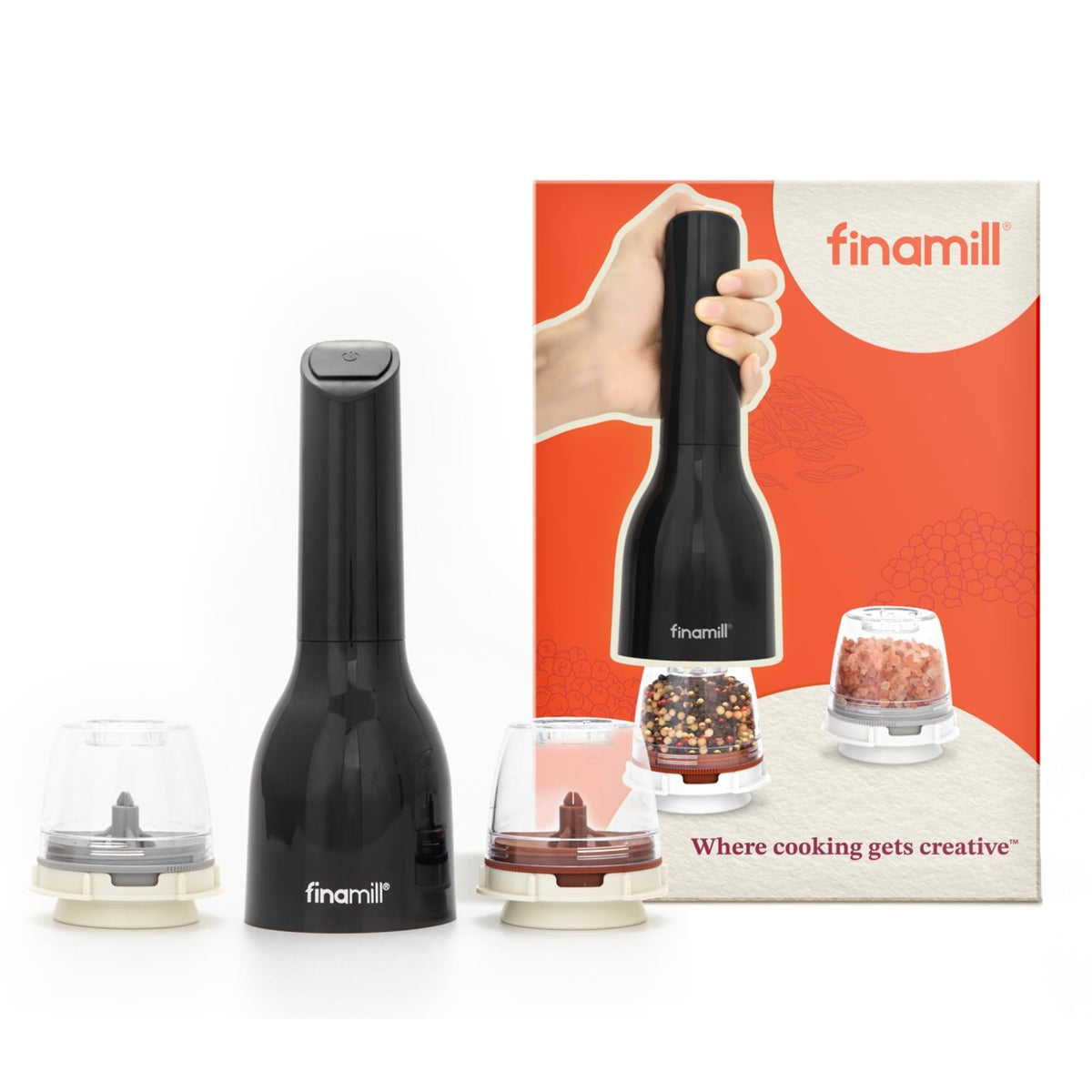 FinaMill front view showing compact cordless grinder and sleek finish, easy storage benefit