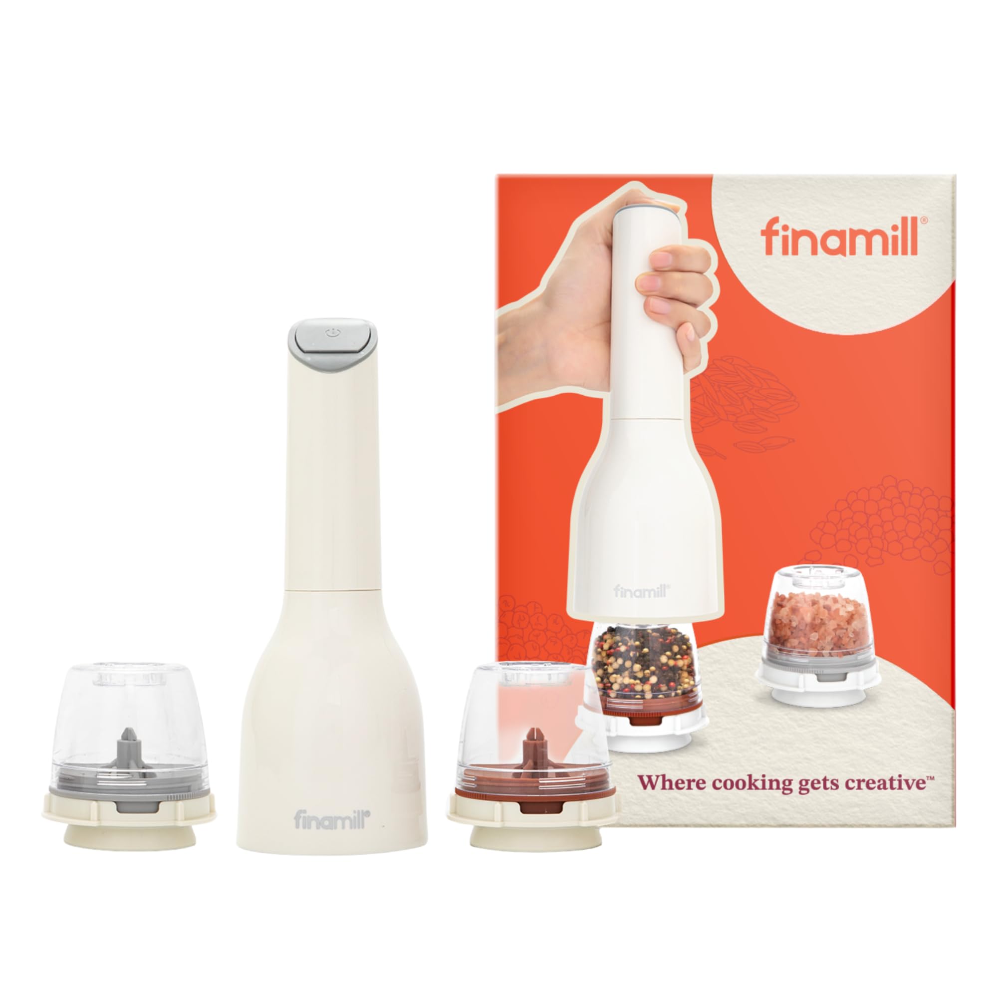 FinaMill front view showing grinder and two pods for neat storage and quick use
