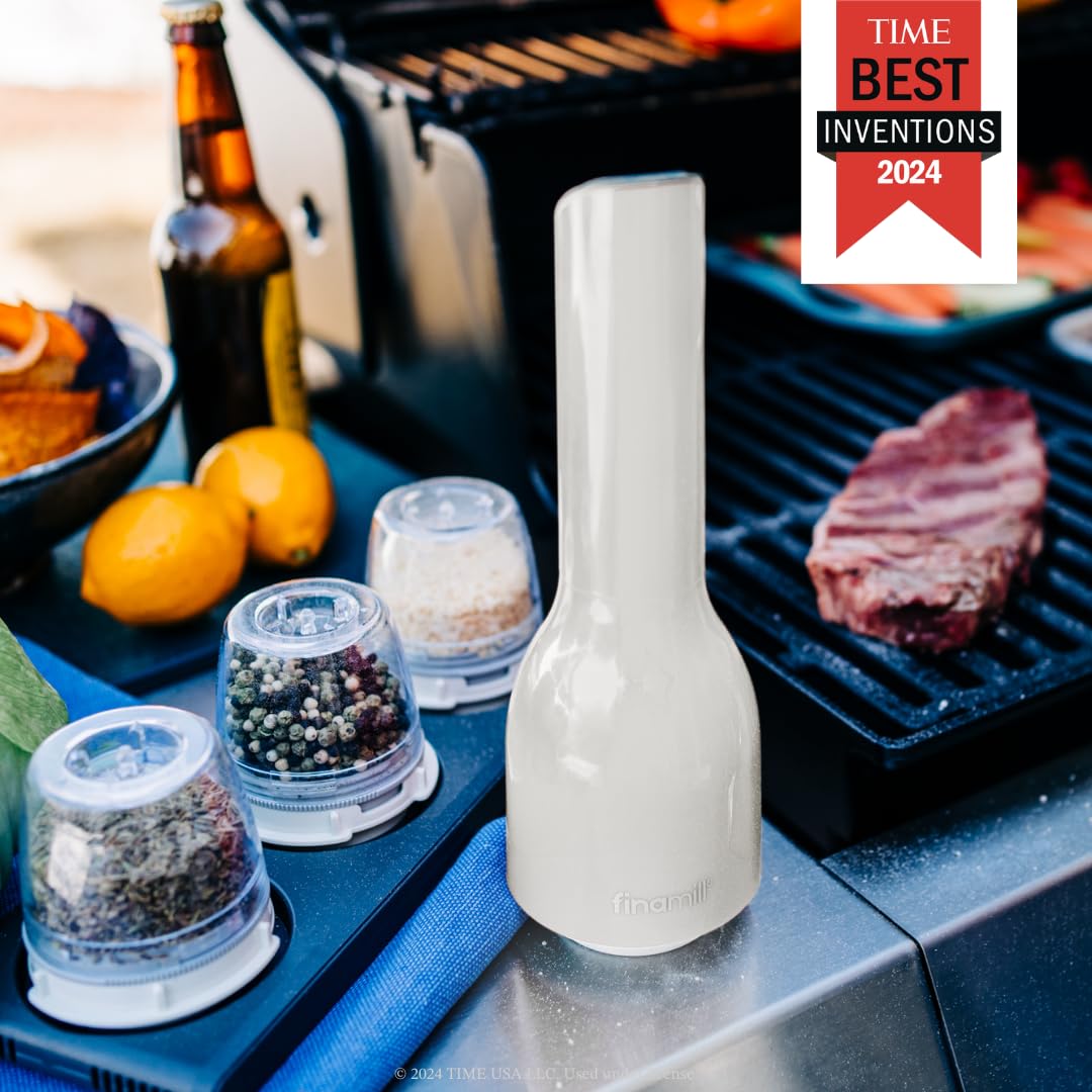 FinaMill top-button detail highlighting one-handed operation for faster seasoning