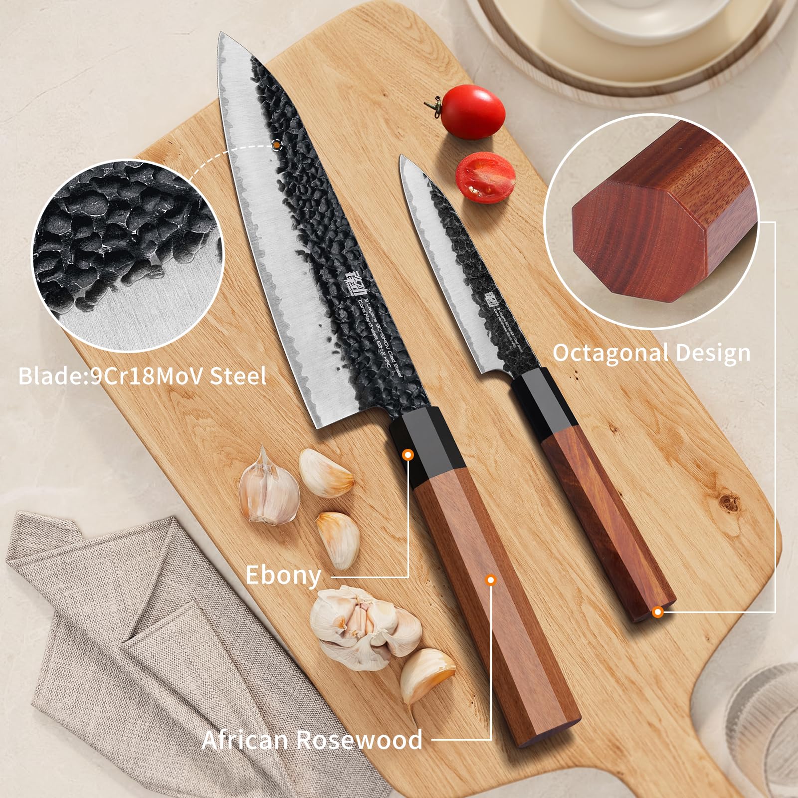 FINDKING hammered 9Cr18MoV chef blade close-up reduces food sticking benefit