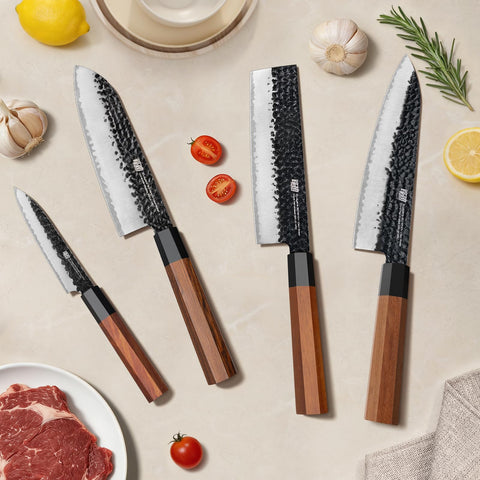 FINDKING Santoku and Nakiri side profile showing precise cutting geometry benefit