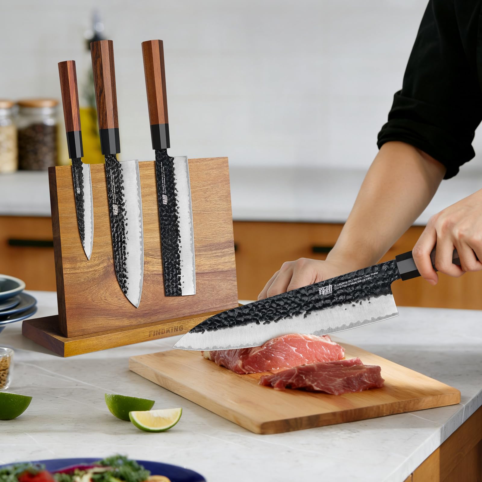 FINDKING knives laid on board for scale shows sizes for versatile tasks benefit