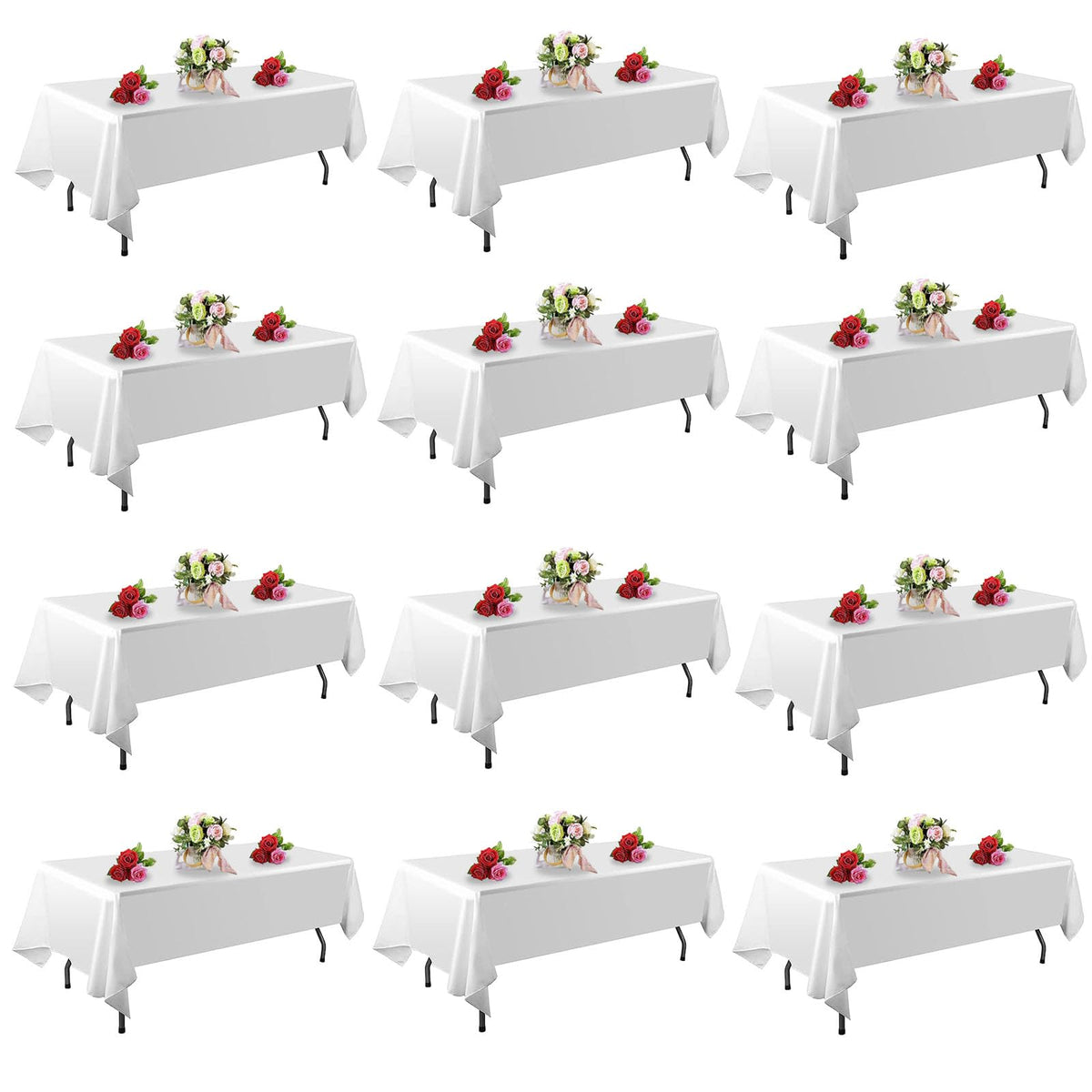 FINDYOU front view of 12-pack white tablecloths, ideal for events