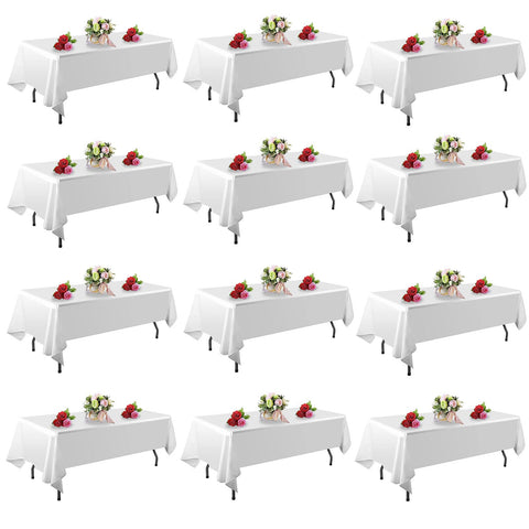 FINDYOU front view of 12-pack white tablecloths, ideal for events