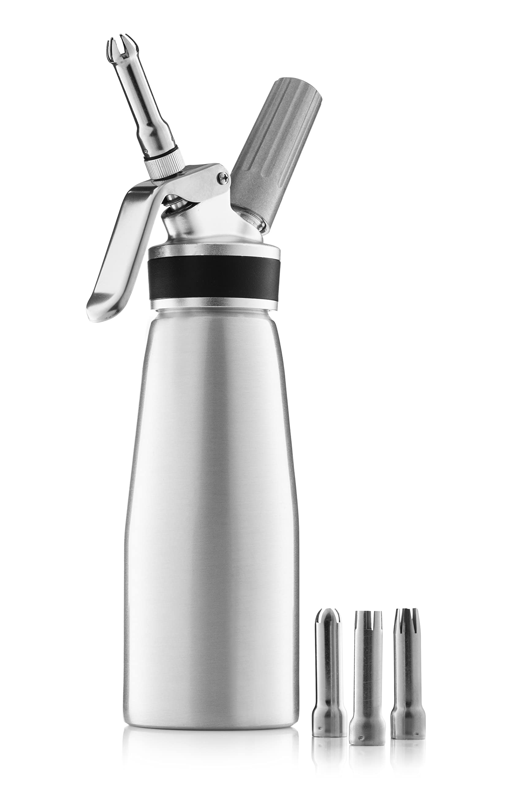 FineDine dispenser front view showing sleek aluminum body and grip for easy handling