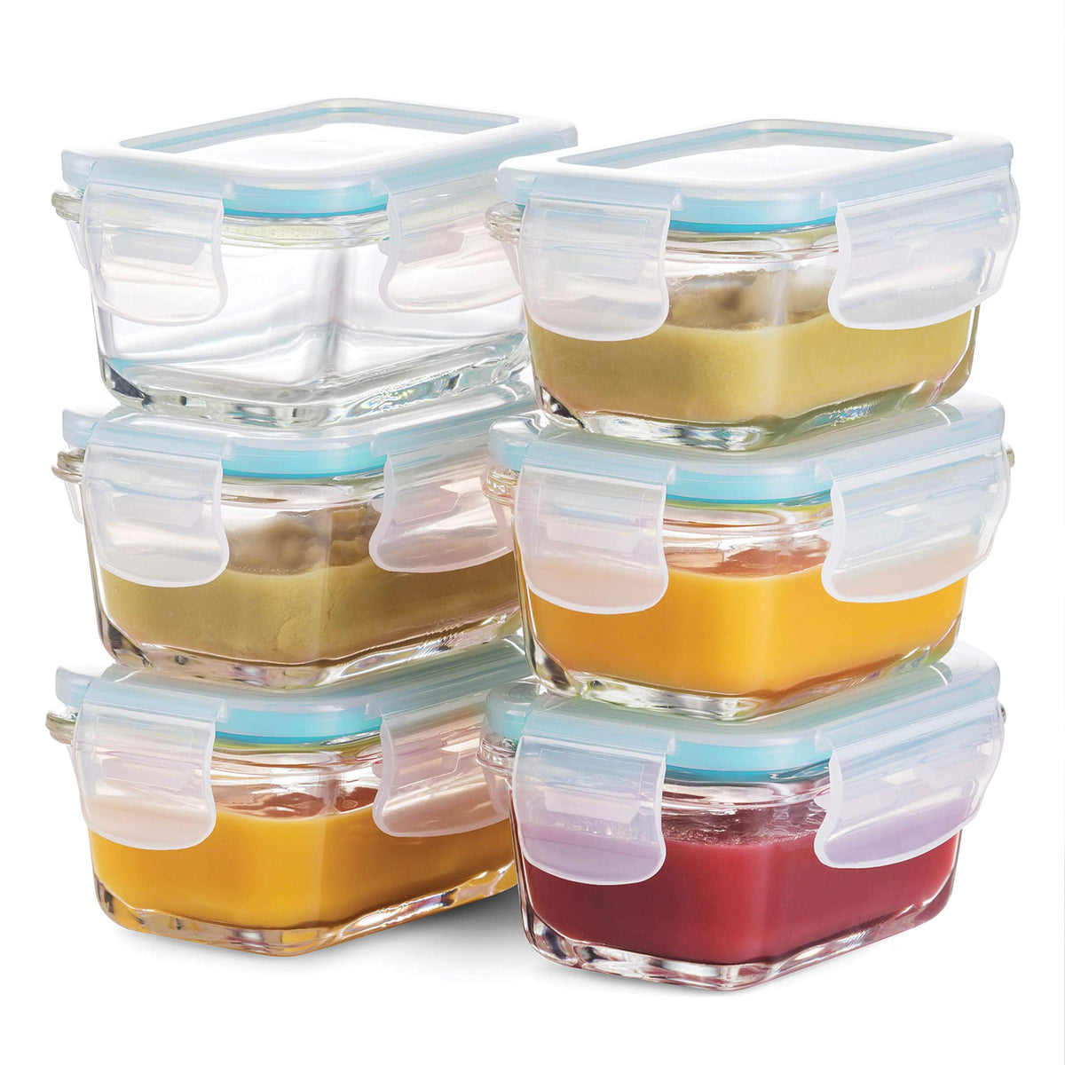 FineDine front view of teal 6-pack containers showing stackable benefits