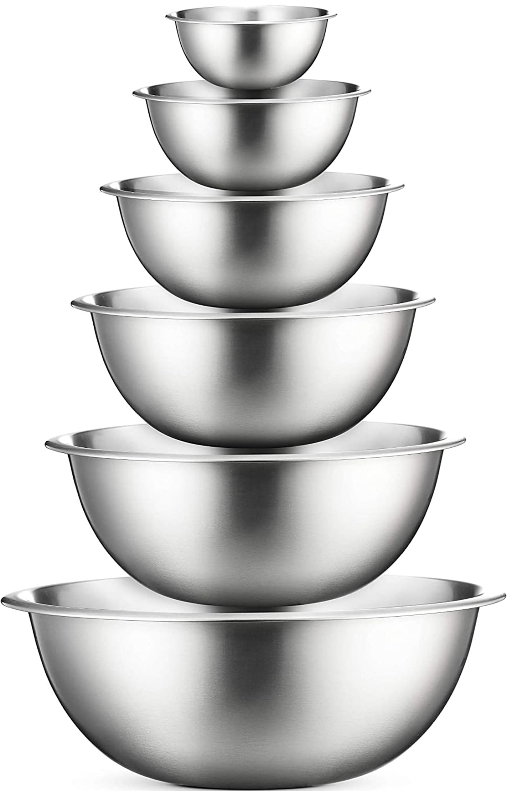 FineDine front view of all six stainless steel bowls showing sizes and finish, durable utility