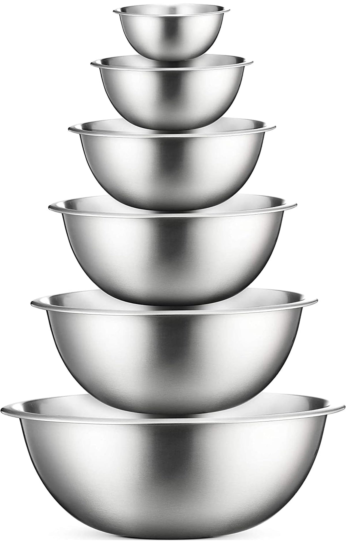 FineDine front view of all six stainless steel bowls showing sizes and finish, durable utility