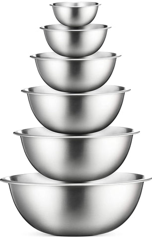 FineDine front view of all six stainless steel bowls showing sizes and finish, durable utility