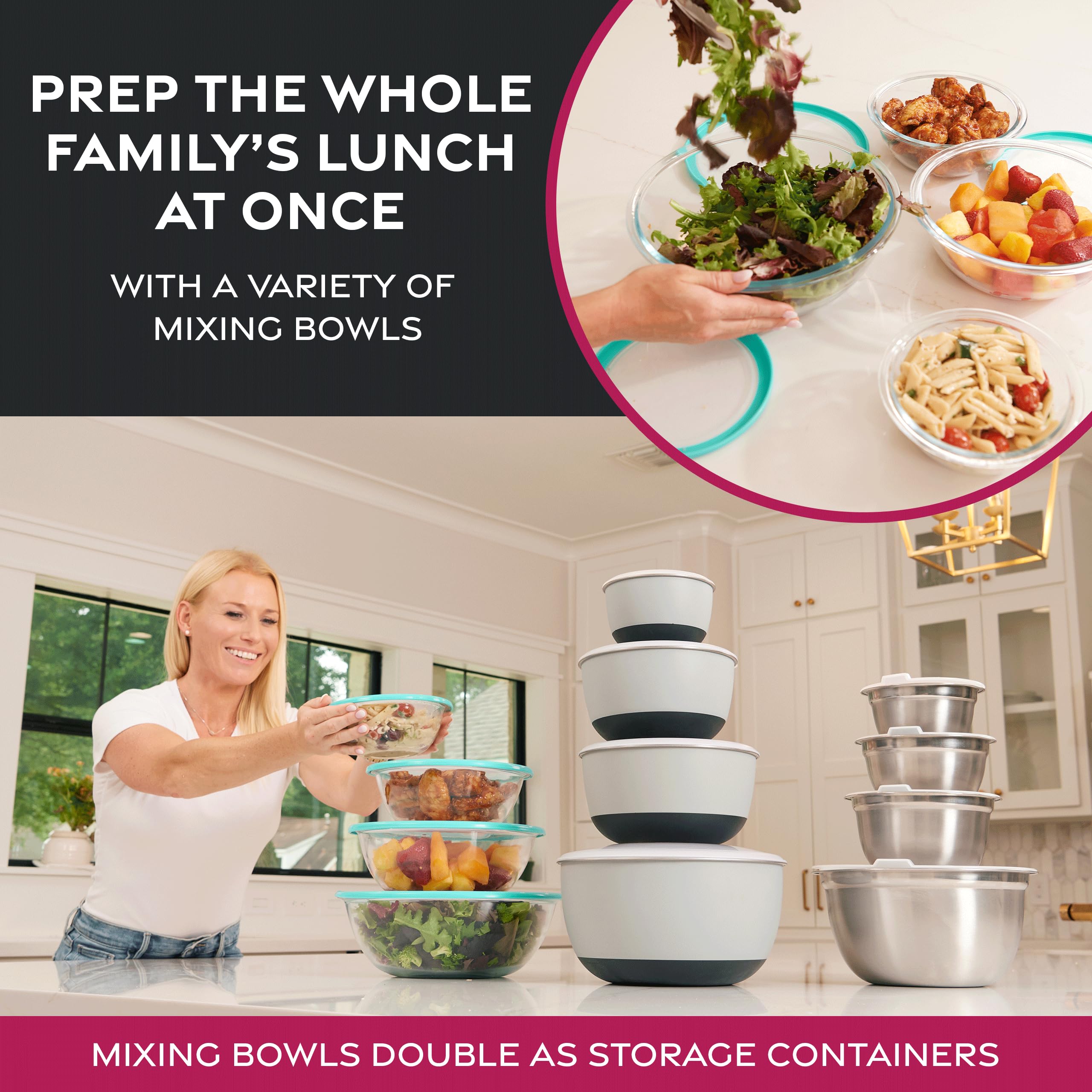 FineDine bowls side-by-side size comparison from ½ to 5 quart for choosing correct capacity
