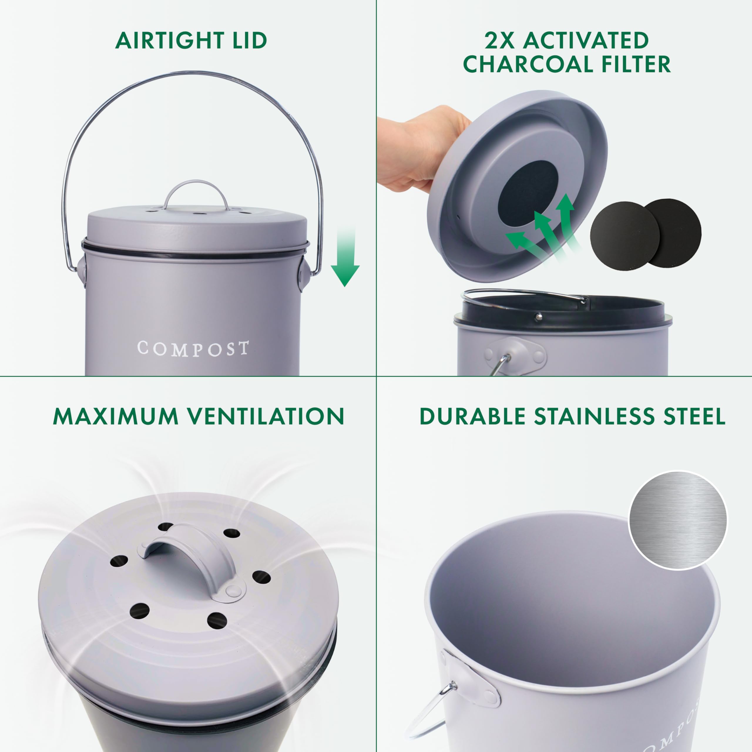 FINESSY compost bin staged on kitchen counter promoting tidy organization